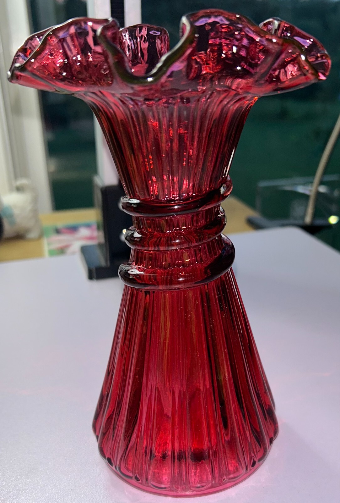Vintage Fenton Cranberry Wheat Glass Vase 7 1/2 inches tall 3 1/2 inches wide