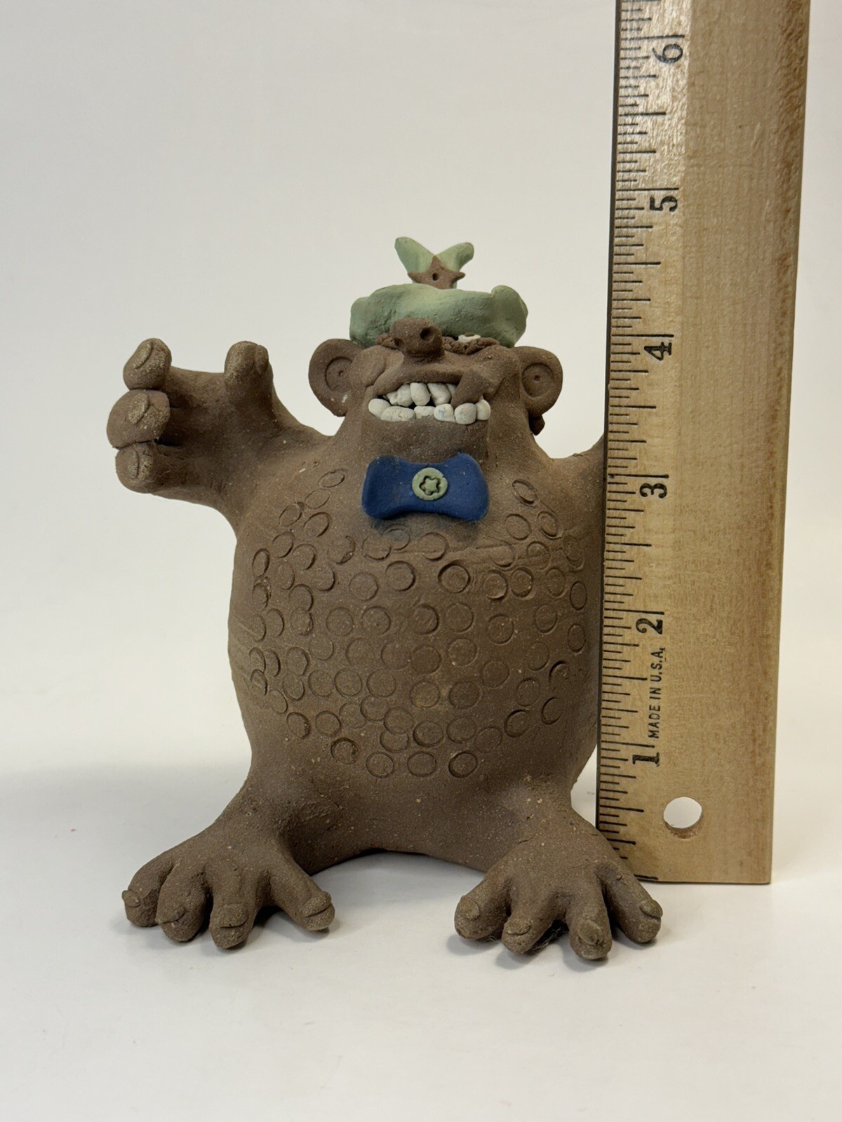 Hand Crafted Clay Pottery Monster Cigar Hanging From Mouth 5” Humorous Unique