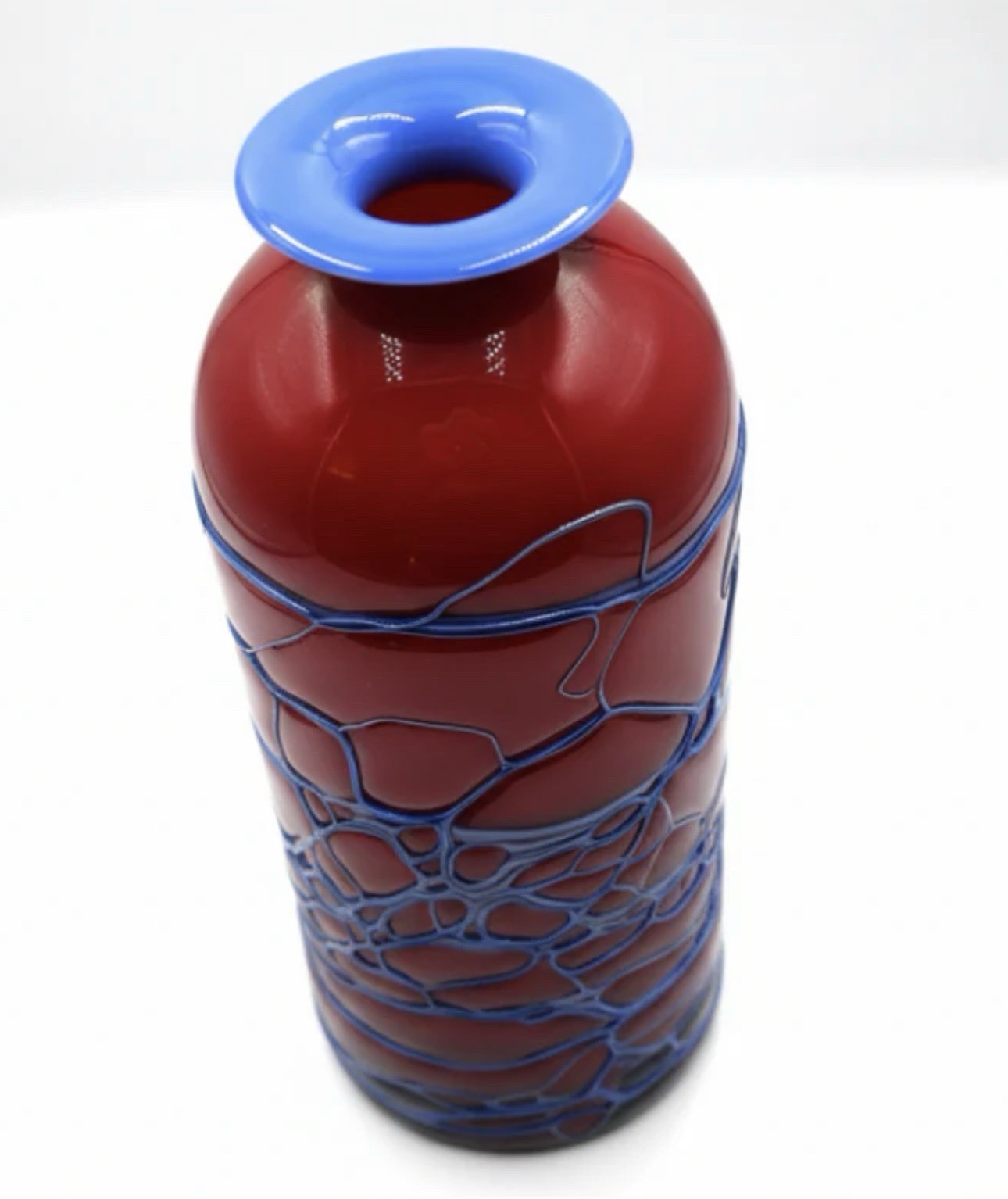 Azerbaijani Red & Cobalt Art Glass Sculpture with Bold Webwork Design
