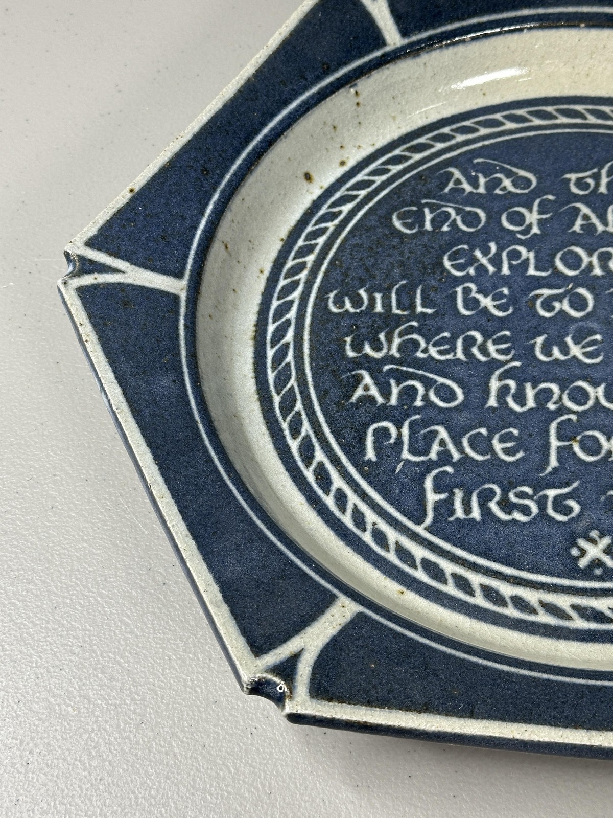 Studio Pottery Stoneware Hexagon Quote Plate Blue White GW Signed T S Eliot