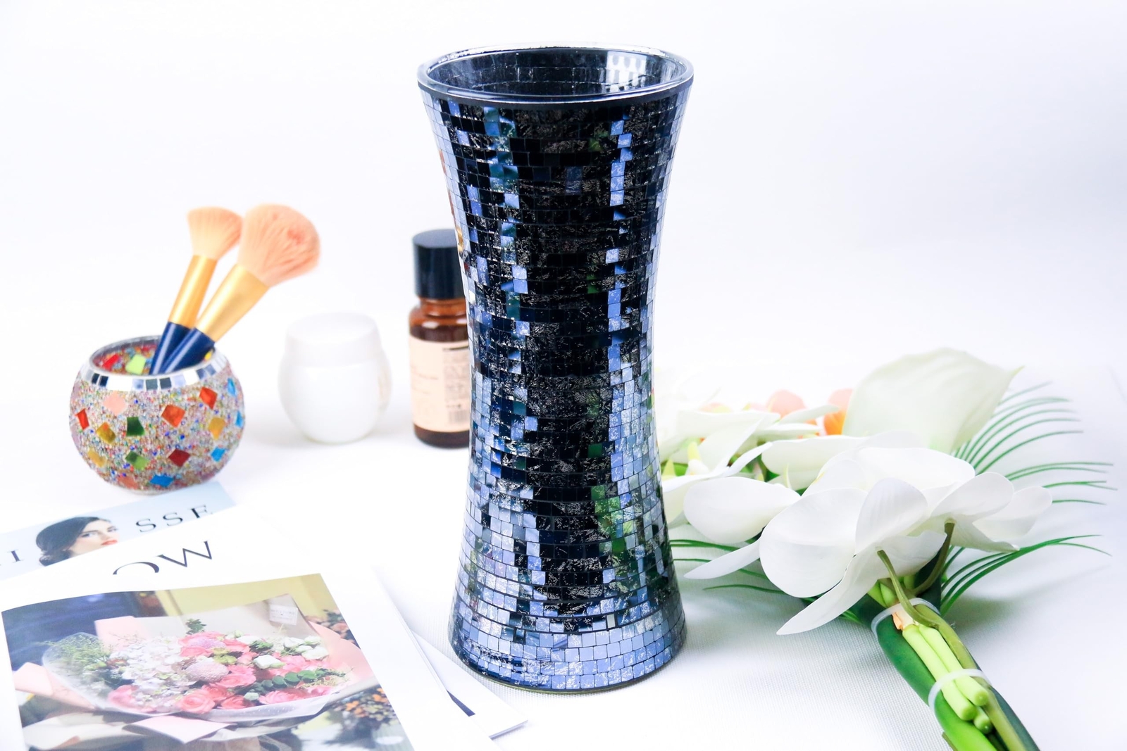 11.6″ H Black Golden Mosaic Vase,Exquisite Craftsmanship Glass Vase.Decor Hom…