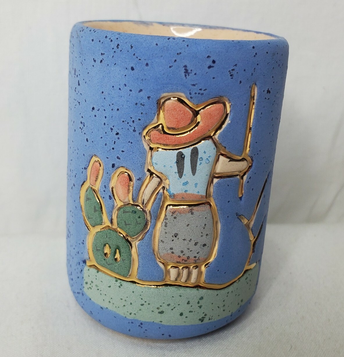 Art Pottery Bud Vase Cactus Desert Gardener Blue Green Stoneware Gold Accents