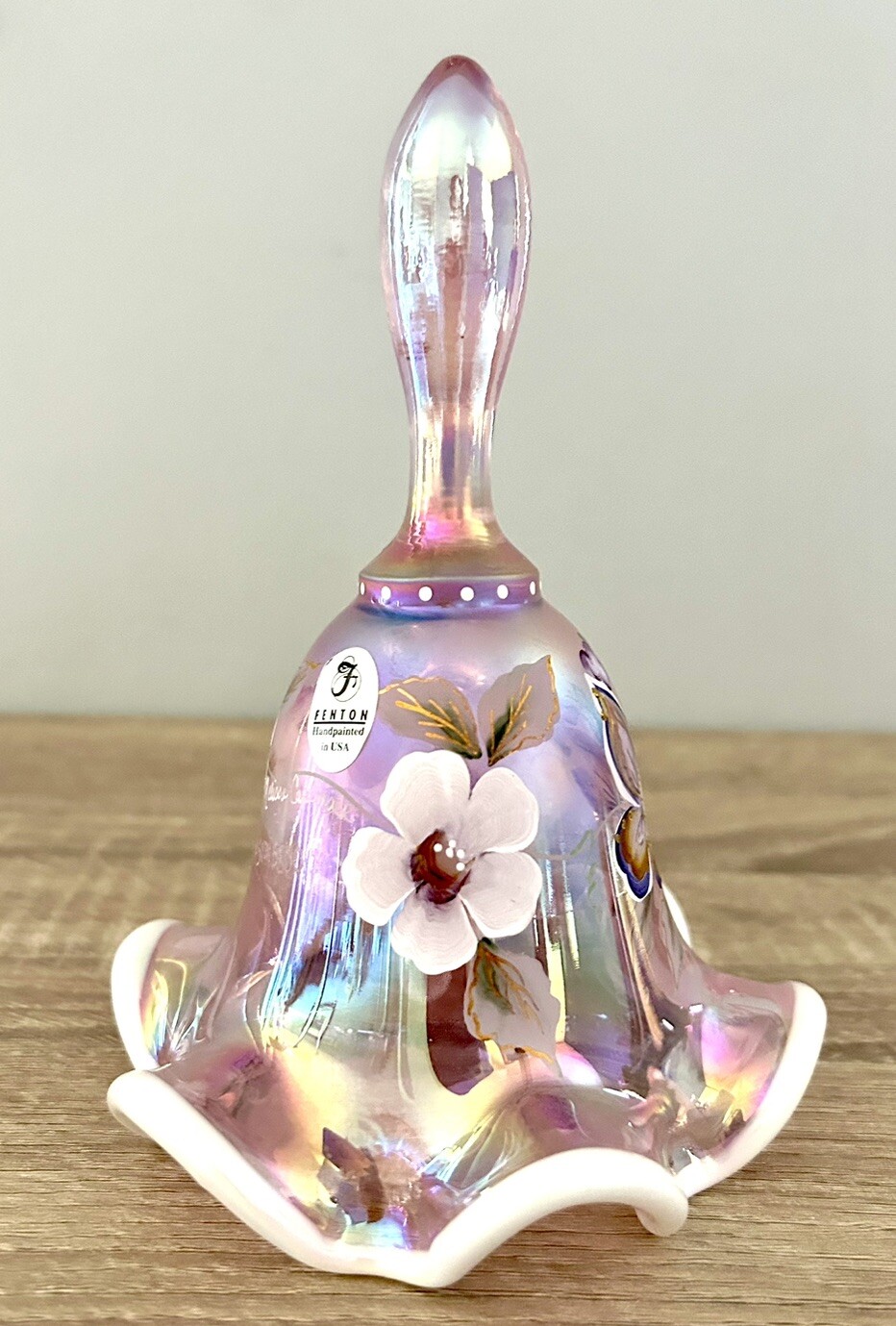 Fenton Pink Iridescent Ruffle Bell Butterfly Floral Hand Painted Signed 510/1500