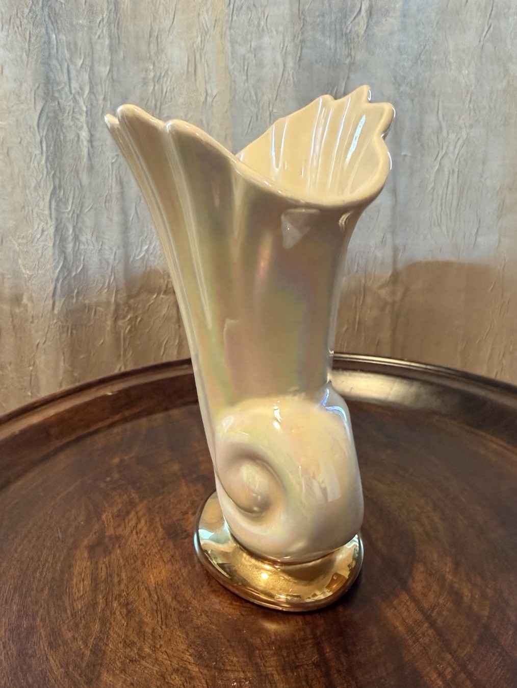 Unmarked Iridescent White Fluted Ceramic Vase Glossy Gold Base Signed 7 in