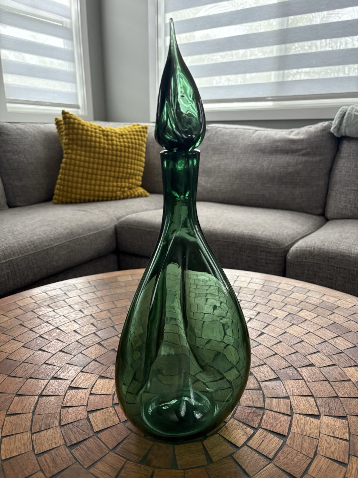 Rare Wayne Husted Zeller Green Glass Pinched Decanter Flame Stopper Blenko Era