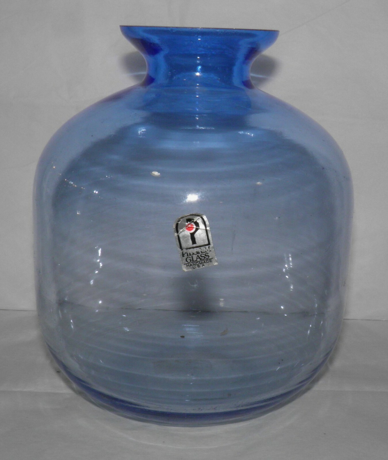 Vintage PILGRIM Blown GLASS Rotund Blue Vase w/ Orig Label