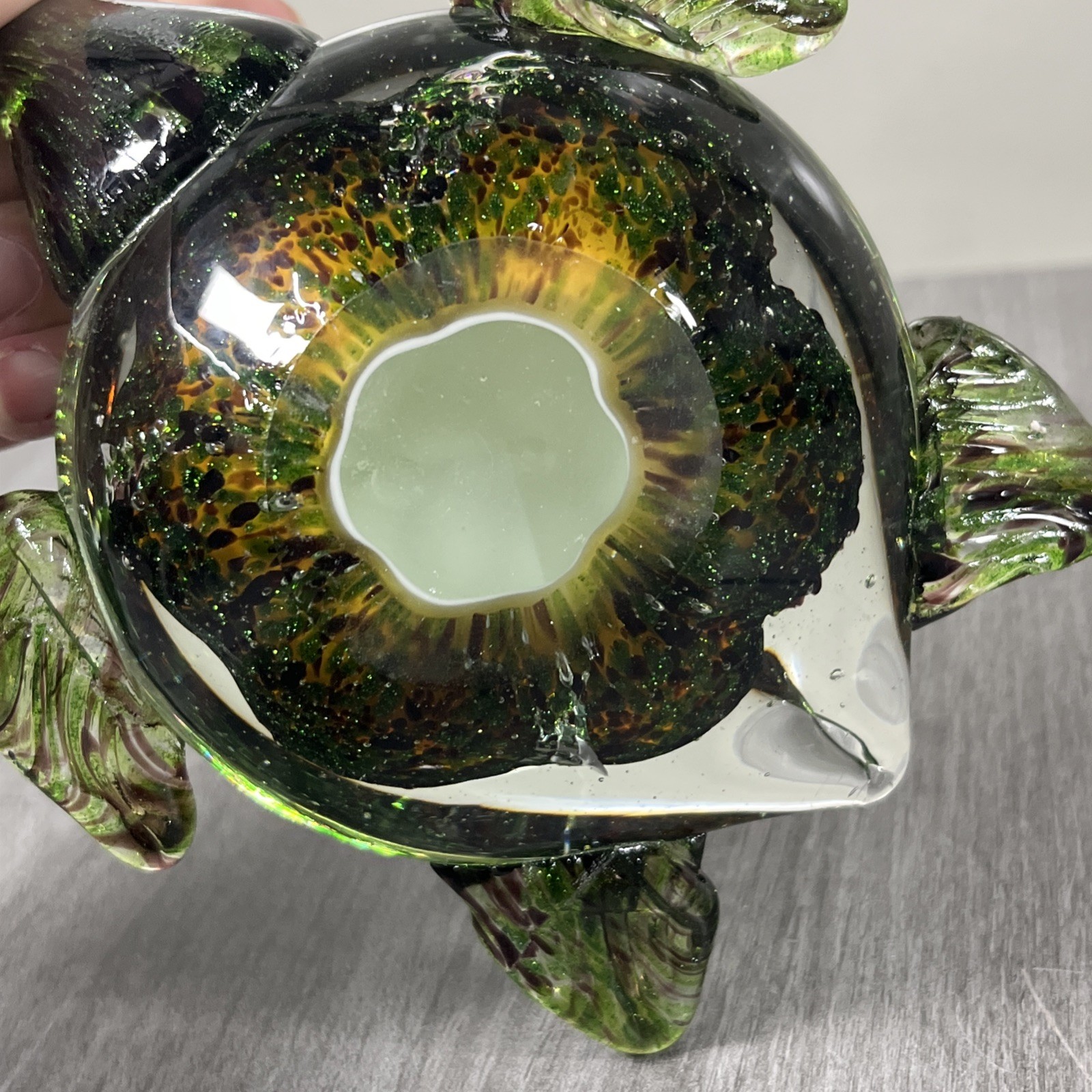 Murano Style Art Glass Amber & Green Sparkle Sea Turtle Paperweight Hand Blown