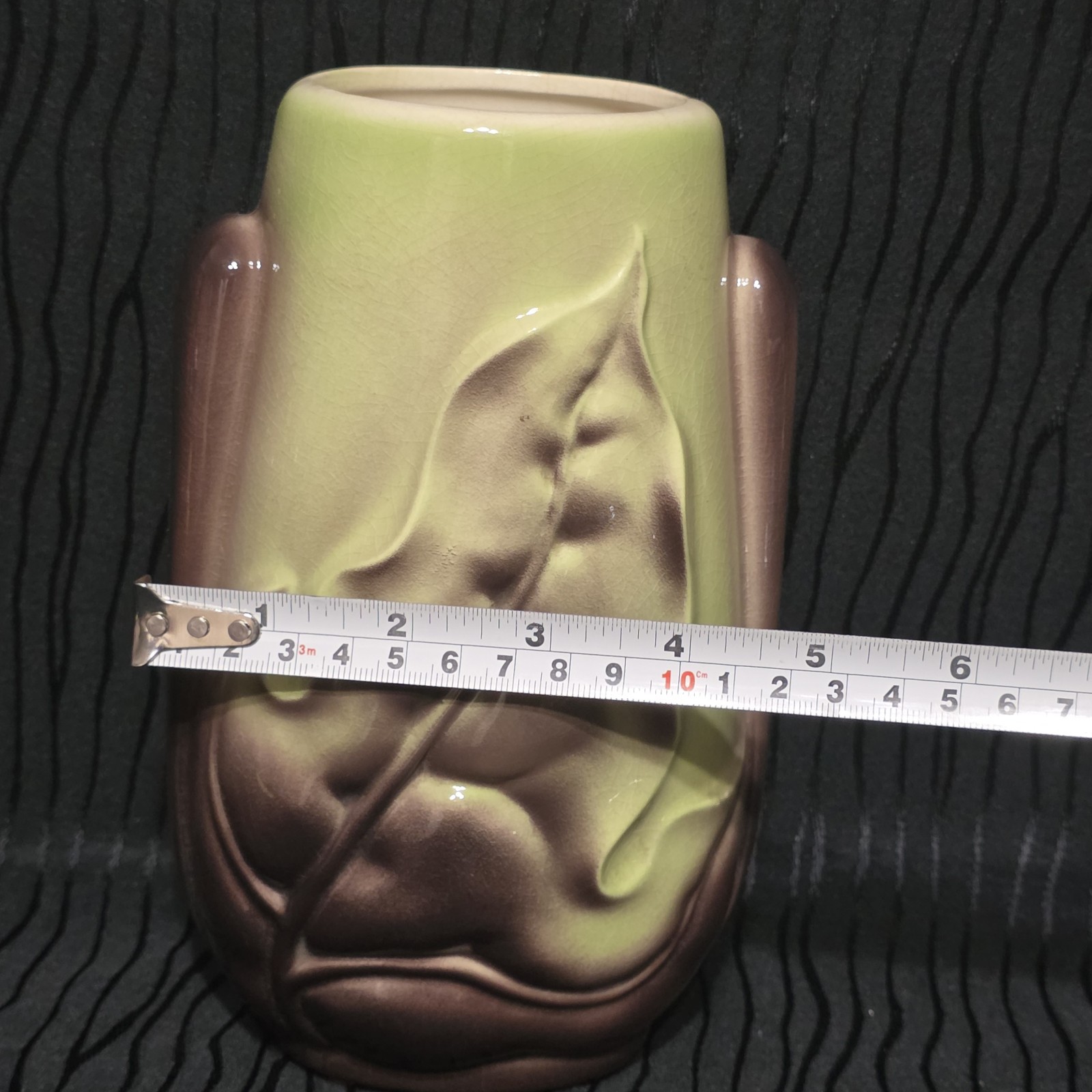 Vintage Royal Copley Harmony Vase Chartreuse Brown Drip Glaze Leaf 8in Tall