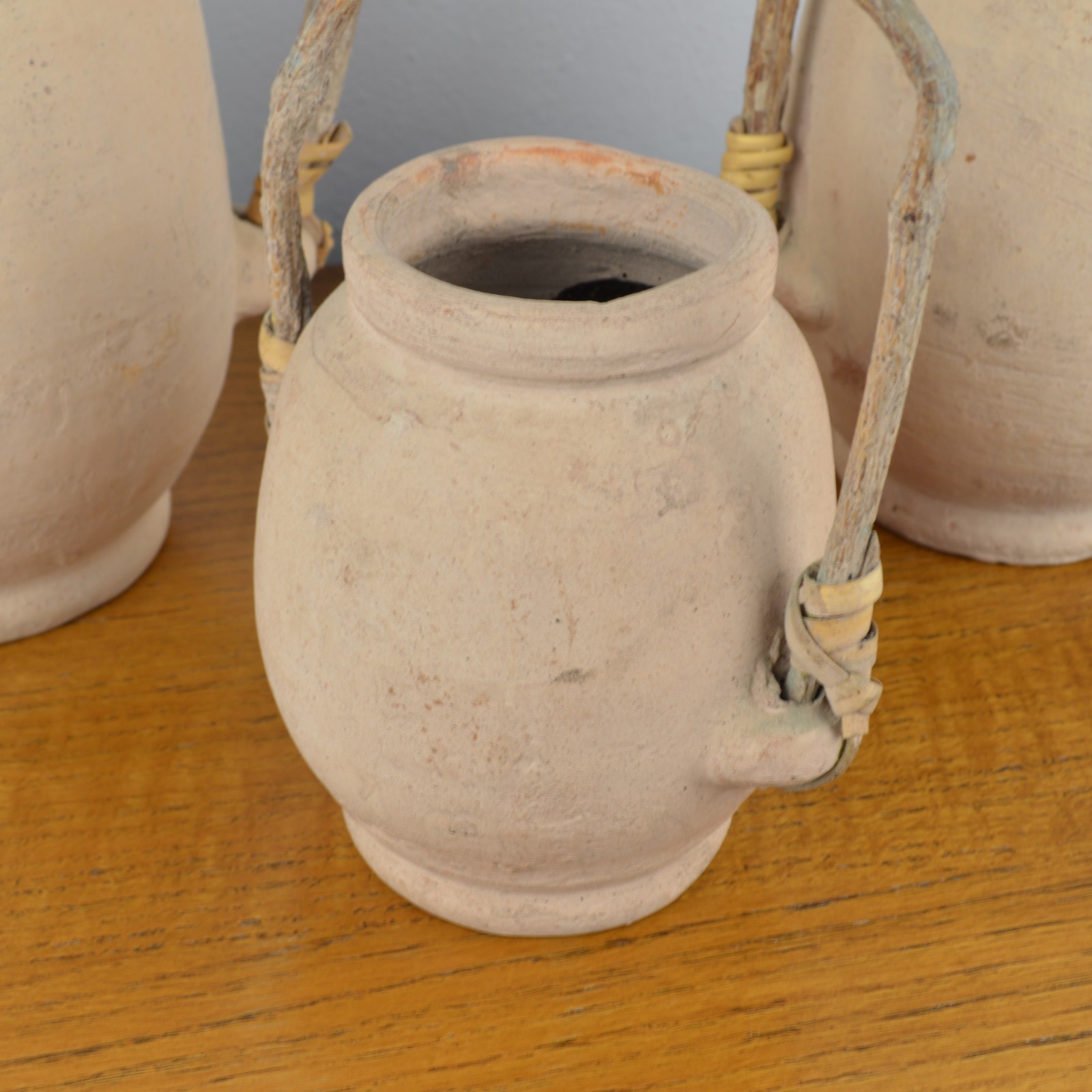 Raw Clay Vase Set of 3 Twisted Branch Handles Rustic Pottery Boho Chalky Decor