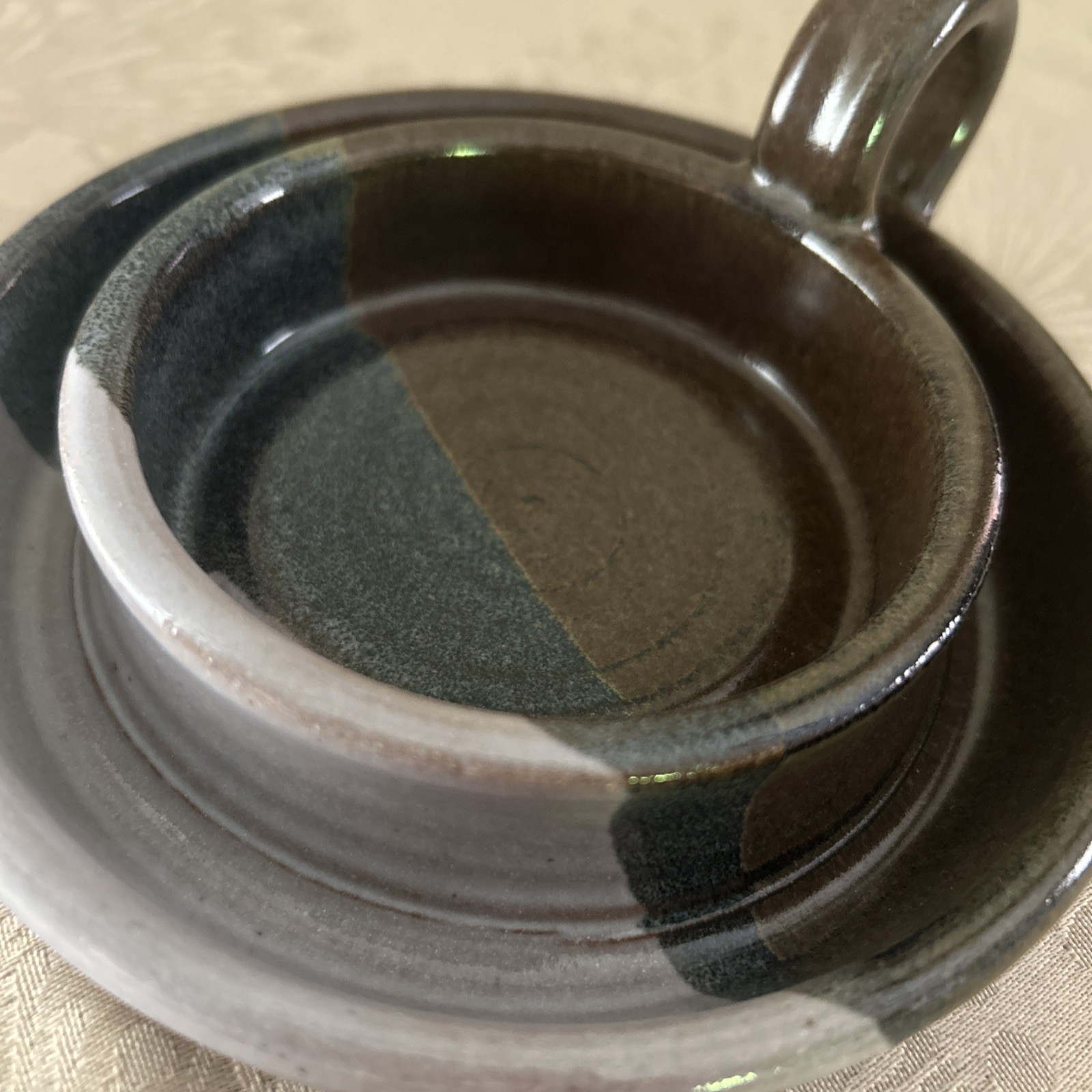 Hand Crafted Signed Art Studio Pottery with holder very unique rare