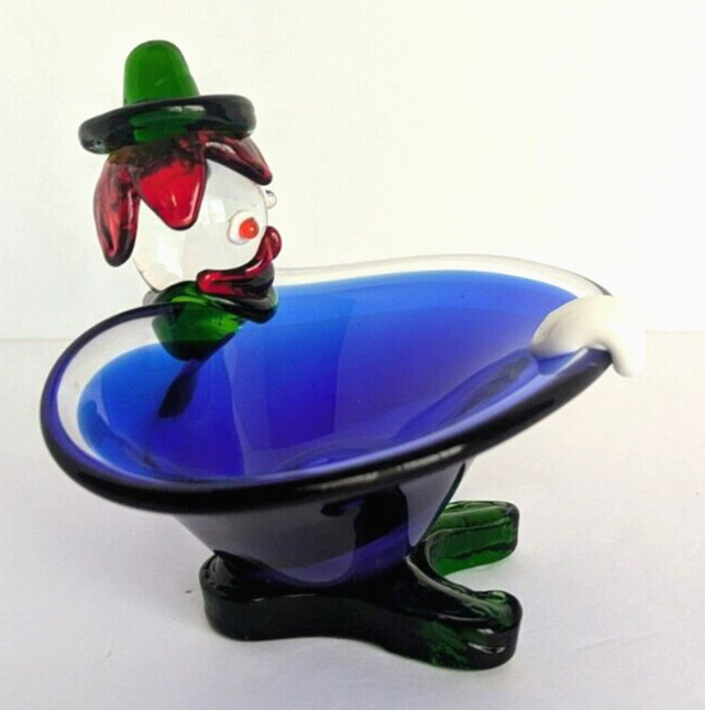 Murano Style Art Glass Candy Dish Clown Hand Blown Blue Green Red 6x5x4in