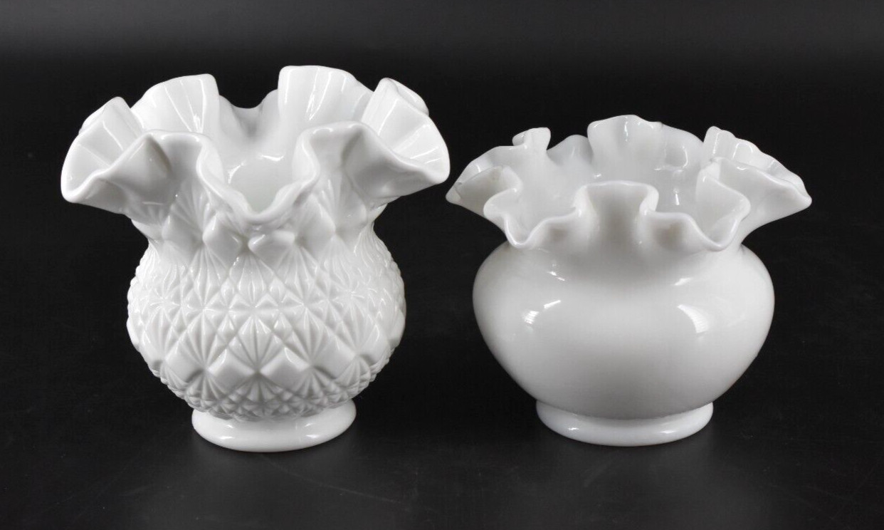 Set of 2 VTG Fenton Milk Glass Vases OVG Fine Cut & Block and Smooth Ruffled