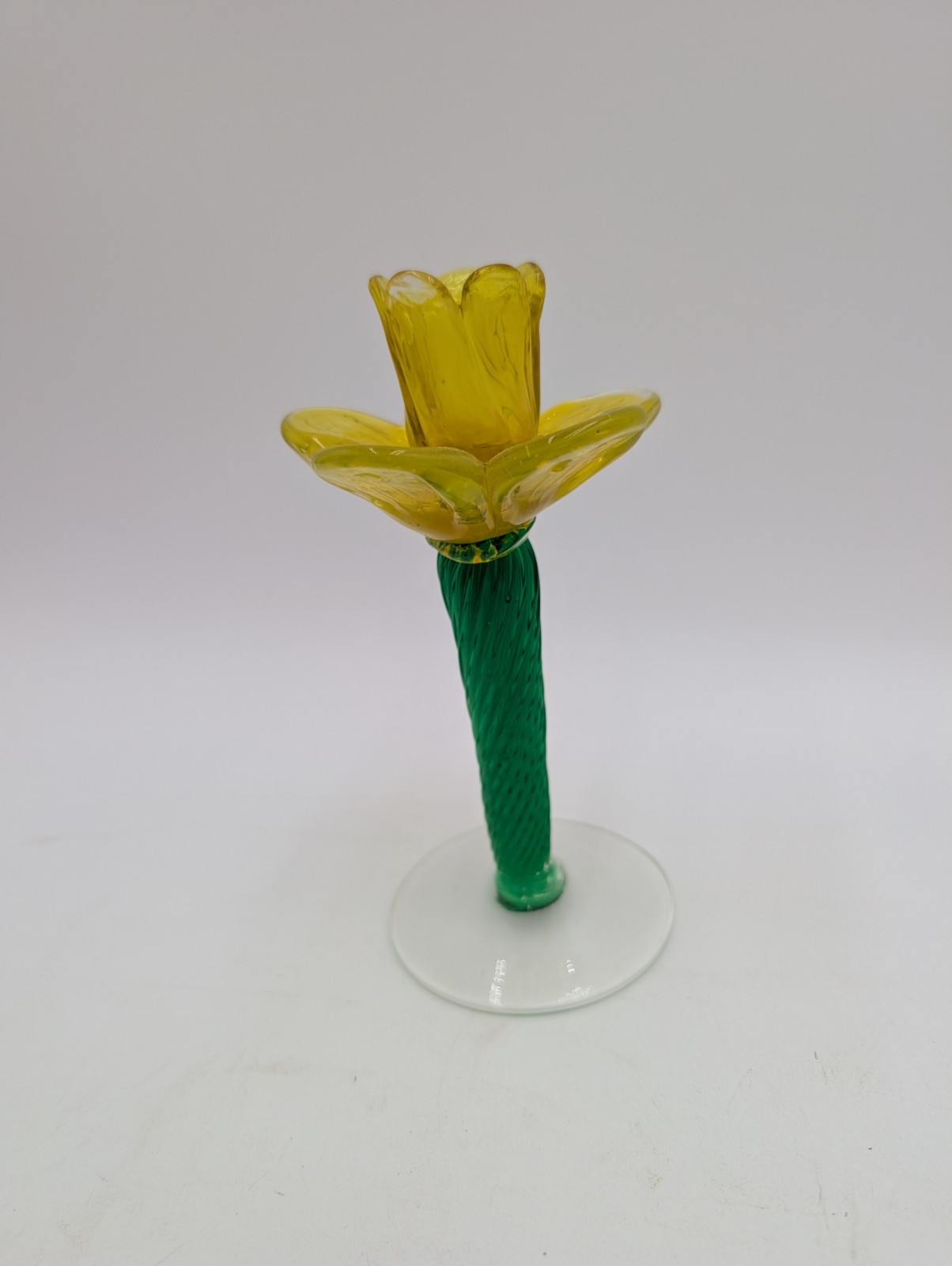 Vintage Daffodil Flower Glass Candlestick Holder Yellow Green Hand Blown