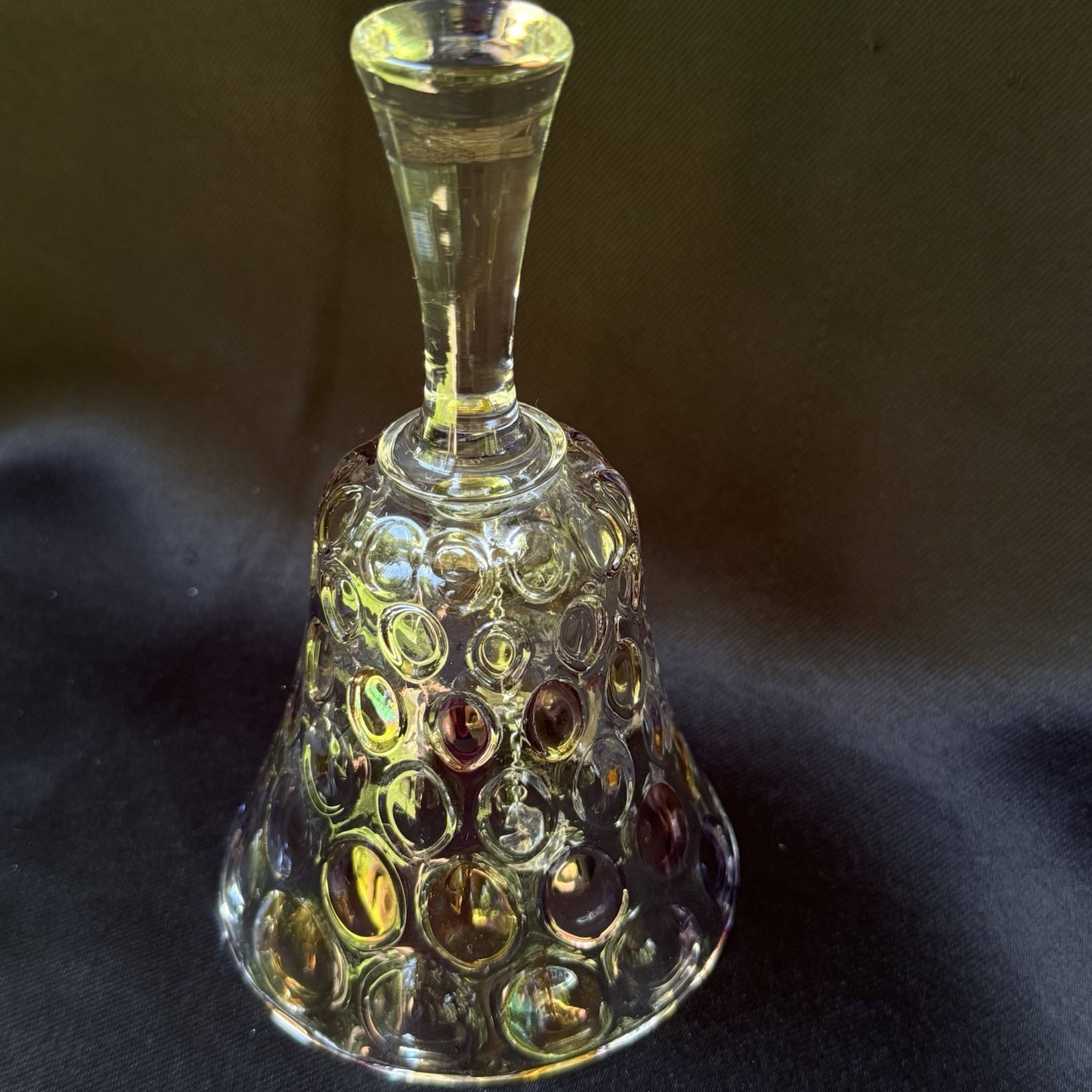 BOHEMIA Glass Bell Czech Republic Iridescent Coin Dot Crystal Hand Bell 5.5in