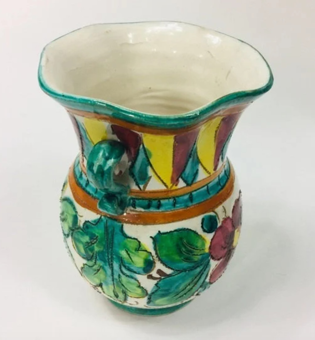 Italian vase pottery hand painted vintage etched bright decor flowers MCM 1475