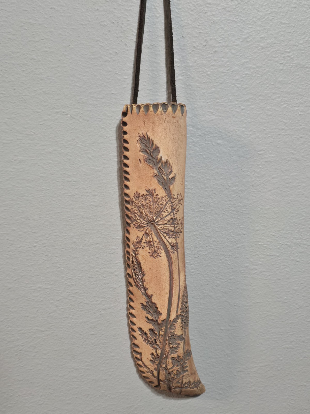 Handcrafted Clay Botanical Hanging Sheath Wall Vase Floral Impressed Signed