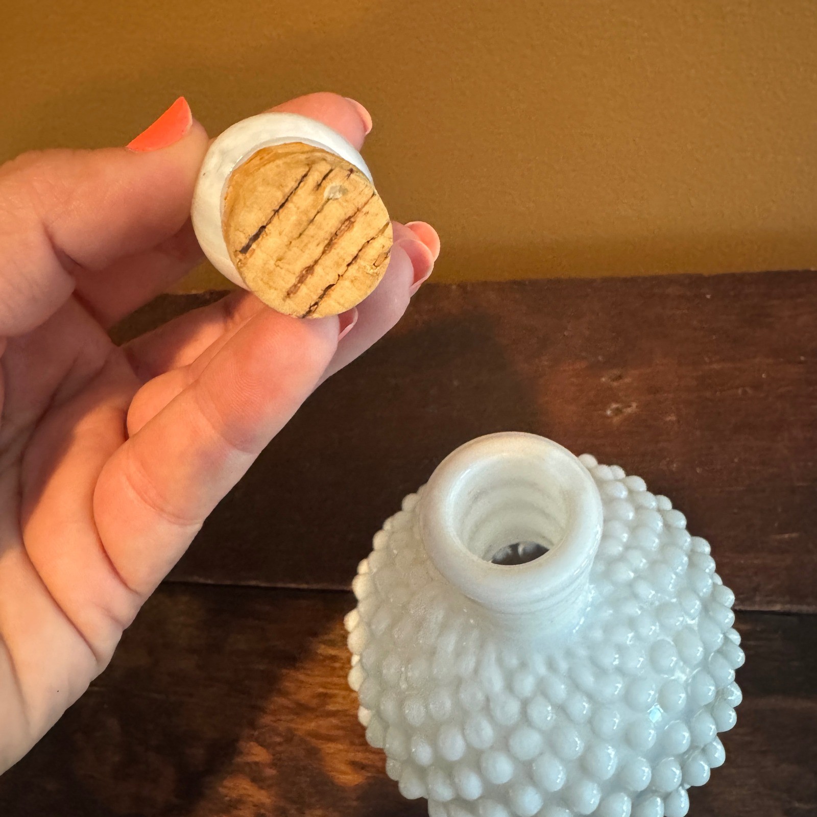 Vintage Ring of Fire Opalescent Milk Glass Hobnail Perfume Bottle & Stopper