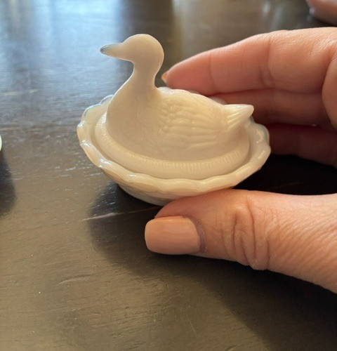 Light Pink Milky Glass “Hen on Nest” Duck. Boyd Glass 1988 – 1993. Salt Cellar