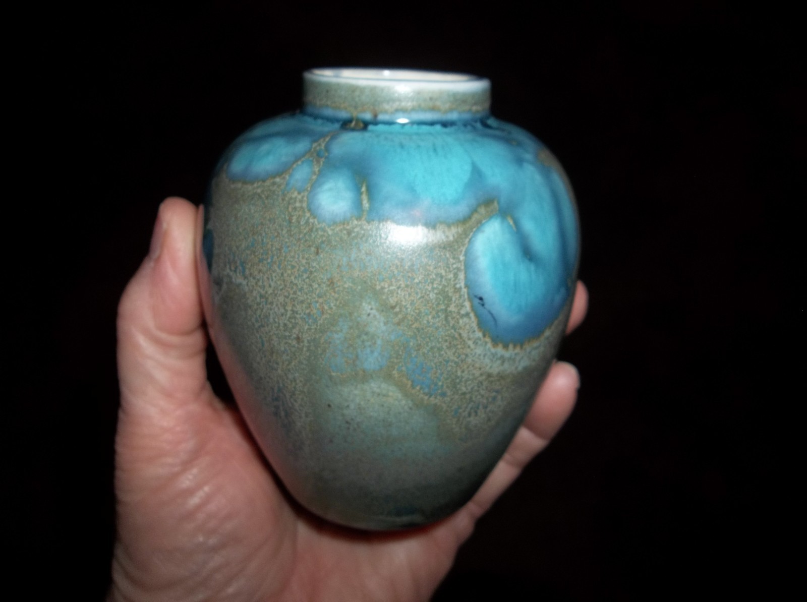 Pottery Vase Drip Glaze Green / Blue 4” tall Vintage Signed on bottom