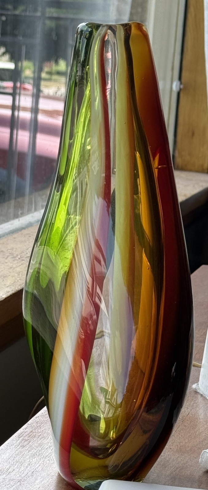 Gorgeous Murano Style Teardrop Glass Vase, 11″ Tall Red White Green Yellow