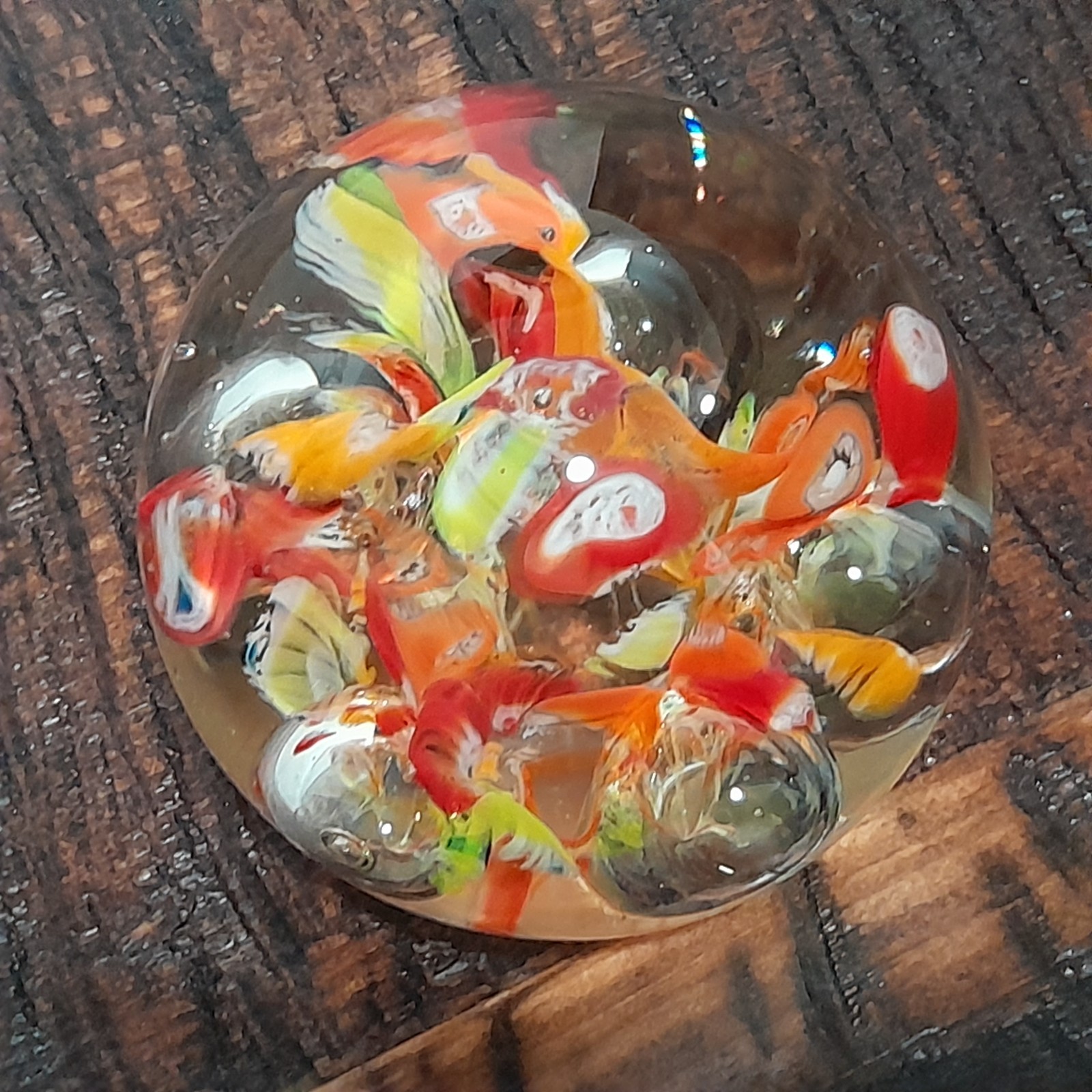 Art Glass Paperweight Round Floral Orange Yellow Red Bubbles 13oz Japan