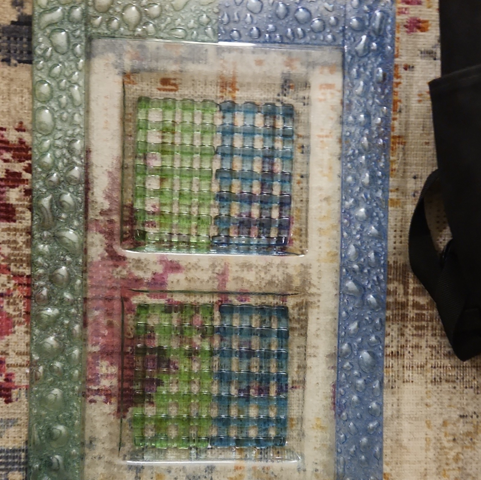 Unmarked Blue Green Silver Textured Glass Window Panel, Abstract Pattern