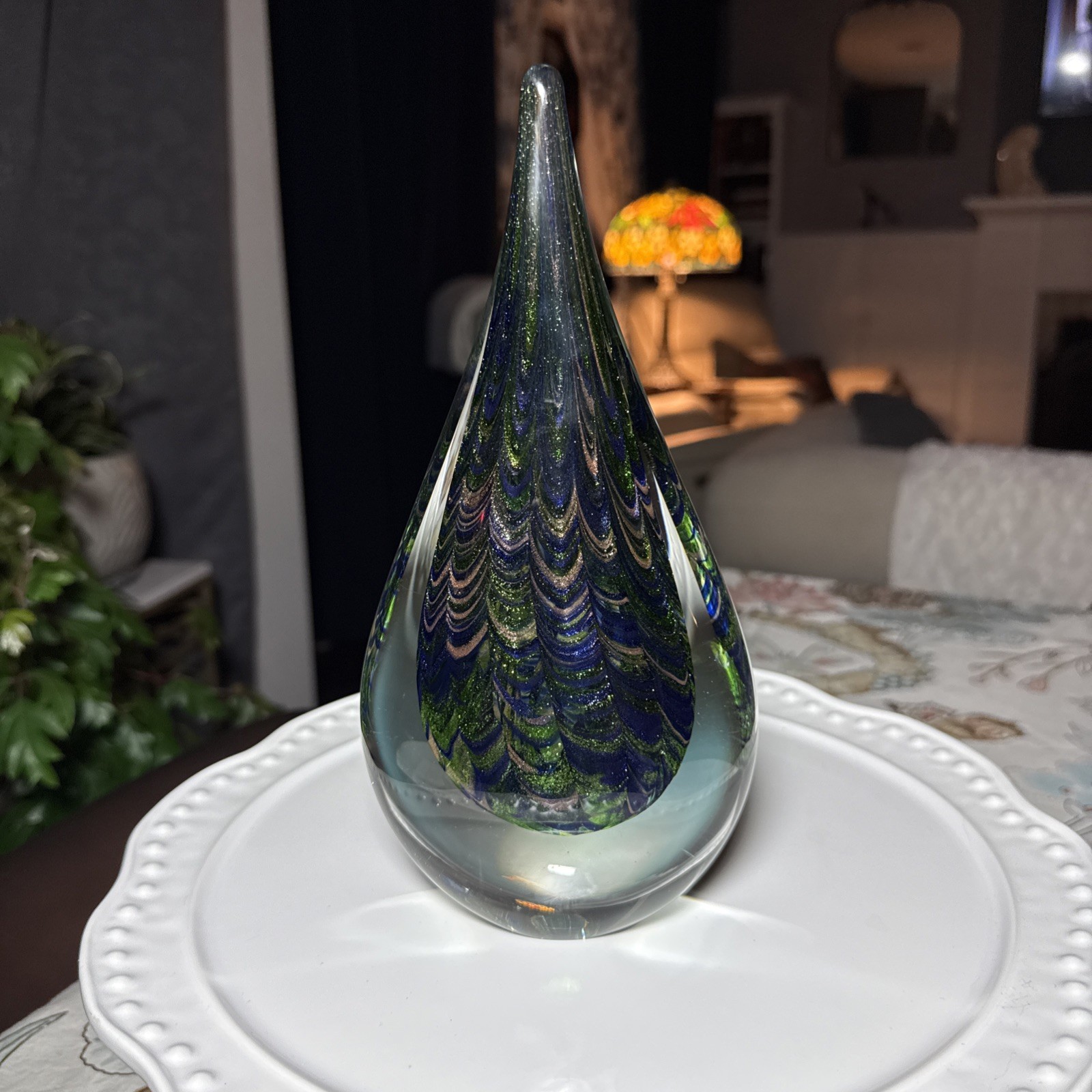 Peacock Inspired Heavy Art Glass Teardrop Sculpture Paperweight 10” Home Decor