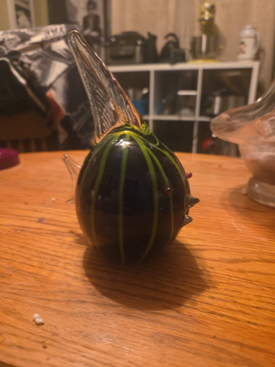 Art Glass Round Fish Figurine Dark Blue Green Stripes Decorative Collectible 7″