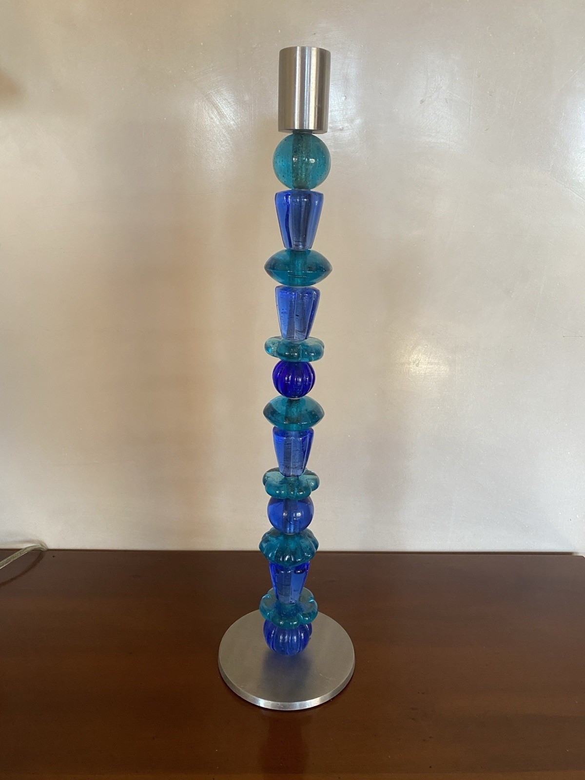 Tall Single Blue Recycled Glass Candlestick 16” Aluminum Top & Base