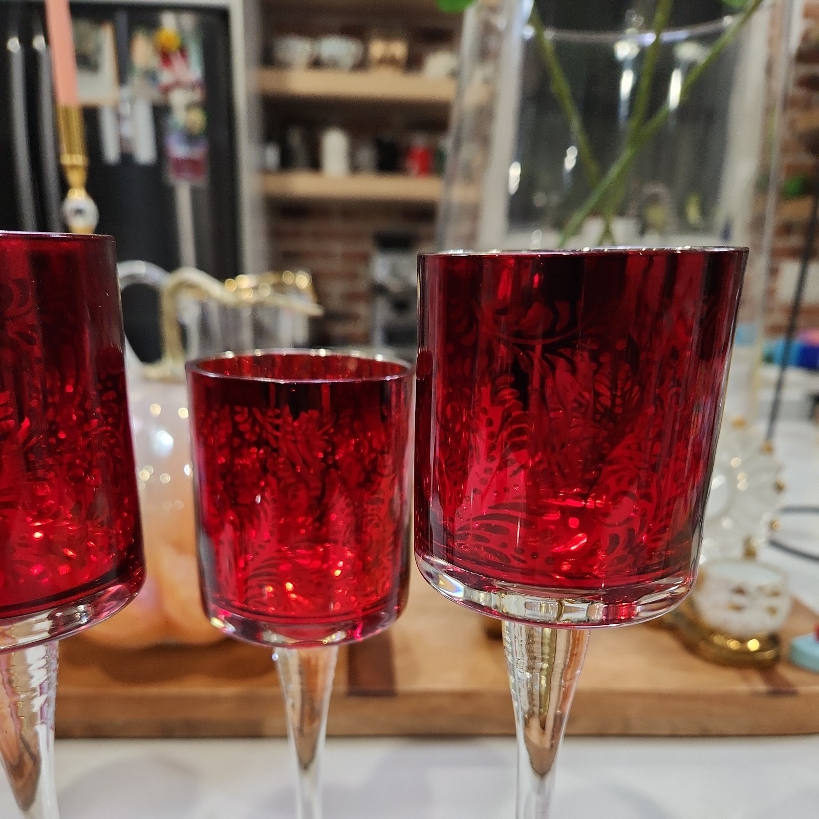 Set Tall Ruby Red Blown Glass Tealight Votive Candle Holders Gold Etched Elegant
