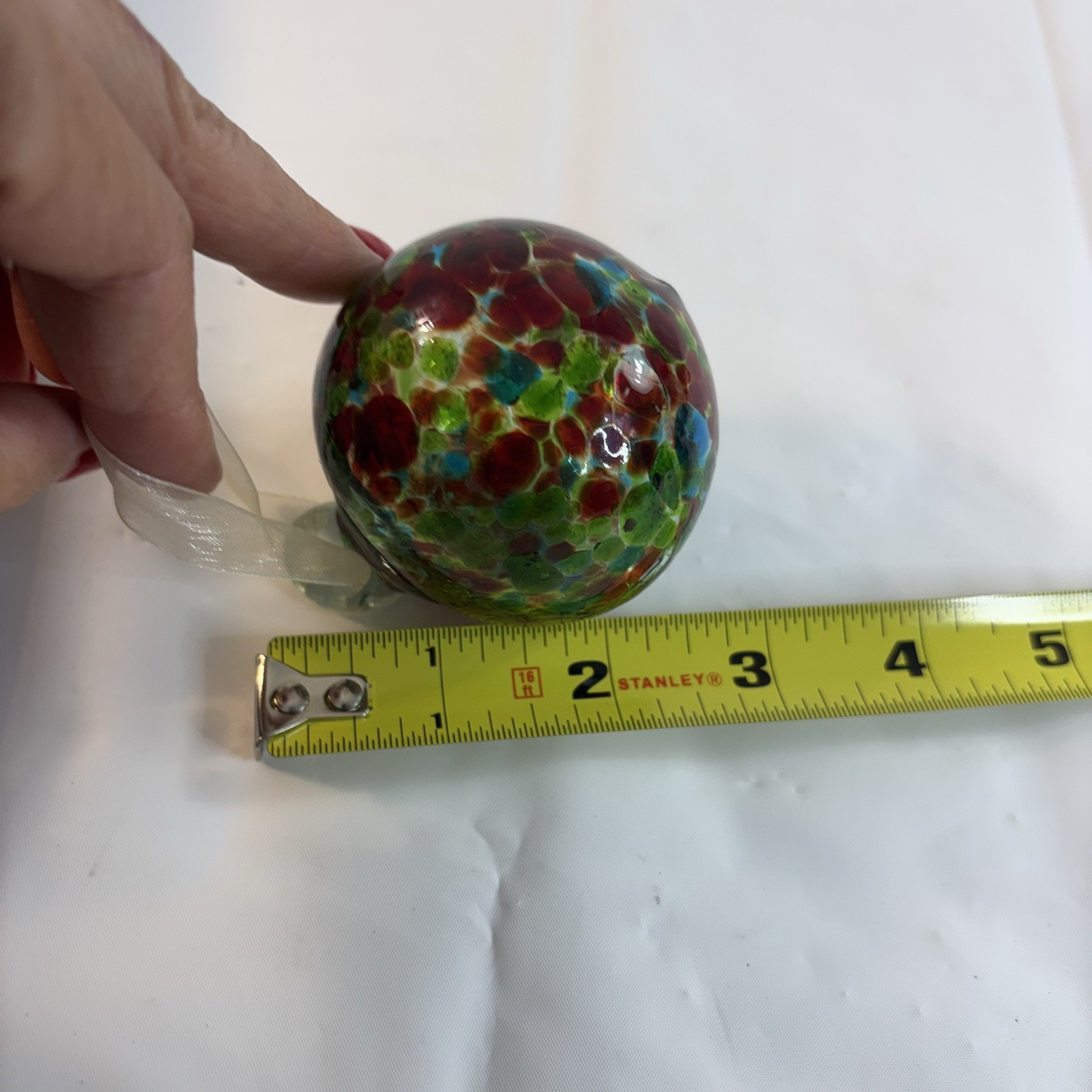 Art Blown Glass Ornament Ball Red Green Blue Multicolor Confetti Gift FLAW READ
