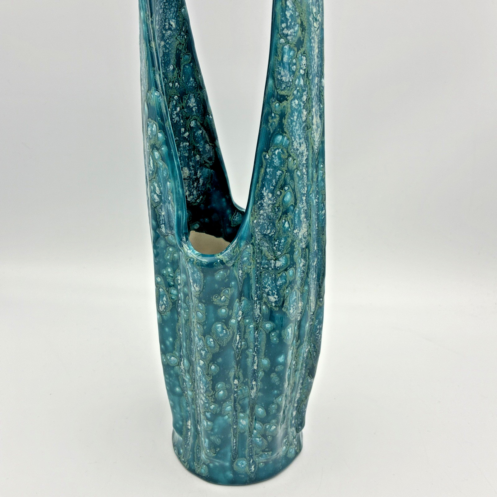 Vintage MCM Studio Pottery Teal Lava Glaze Flame Vase Signed Thelma 1966 14″