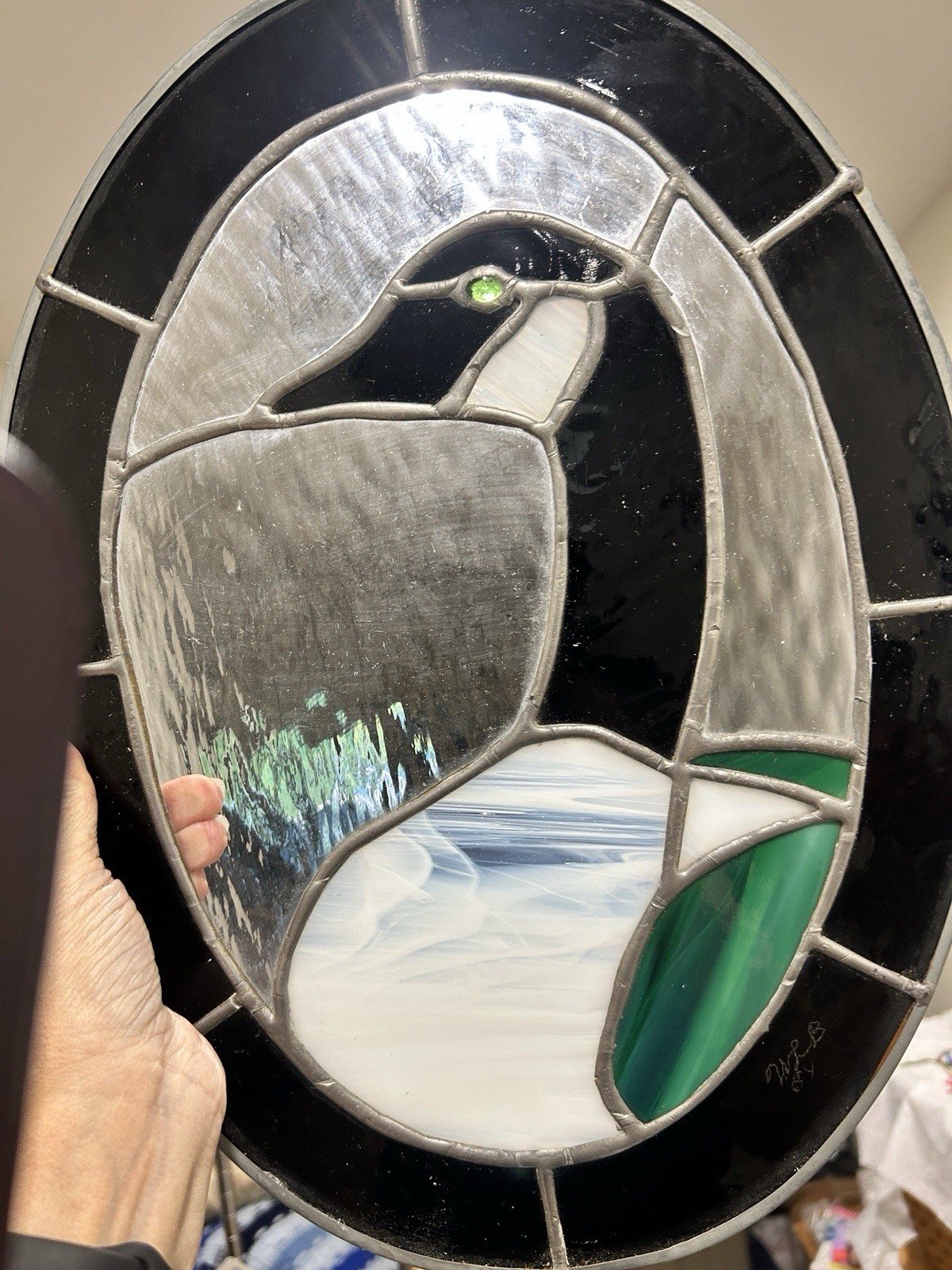 Oval stained glass loon black white duck head rain hanging chain sun catcher