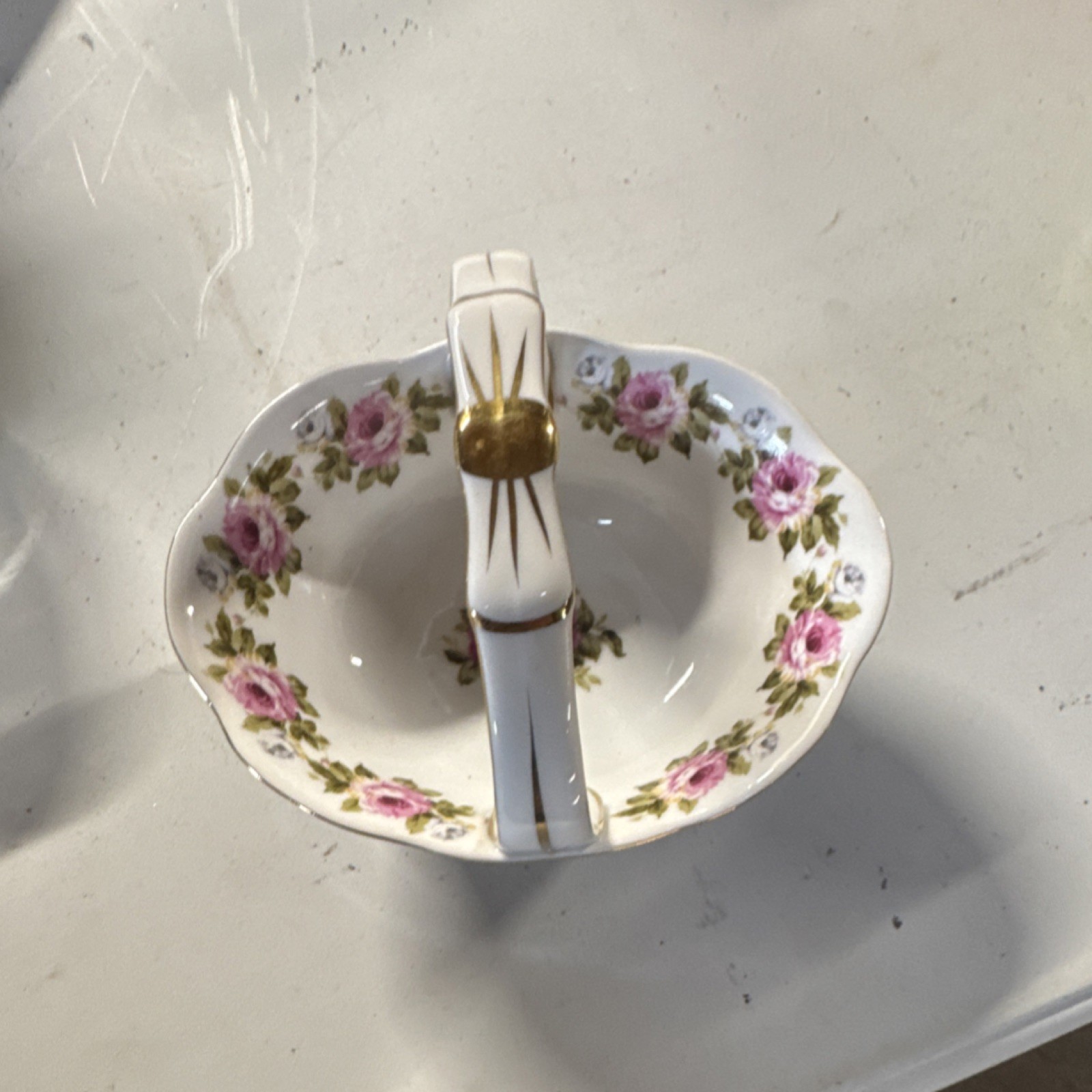 BY GANZ Porcelain Floral Decorative Basket with Handle Pink Roses Gold Trim