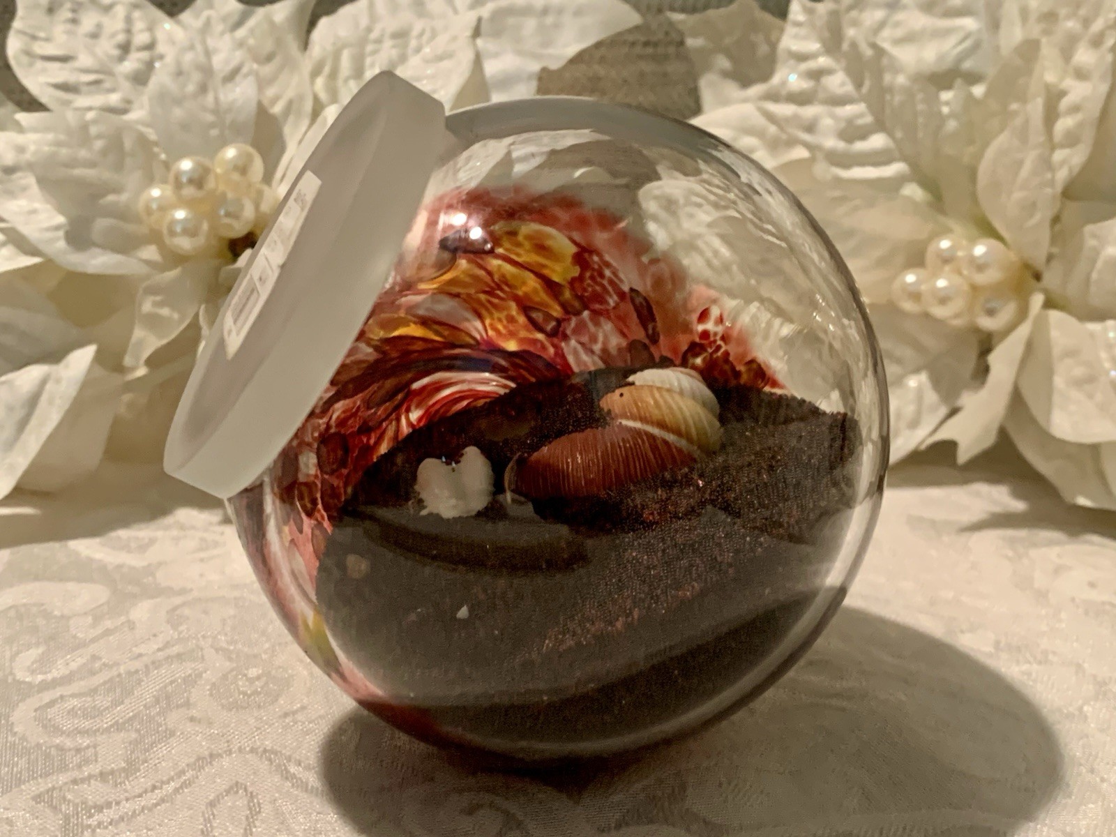 Art Glass Eye Studio Globe Sand & Sea Shells Paperweight Red Swirl 3 3/4”