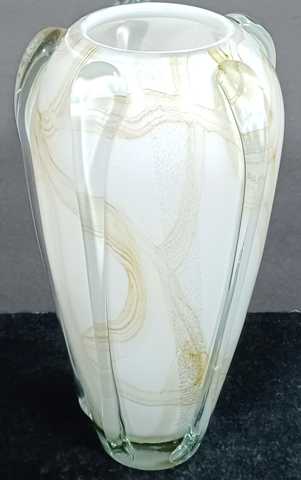 Art Glass Vase Teardrop White Gold Swirl Hand Blown Tabletop Decor 14 1/4″ Heavy