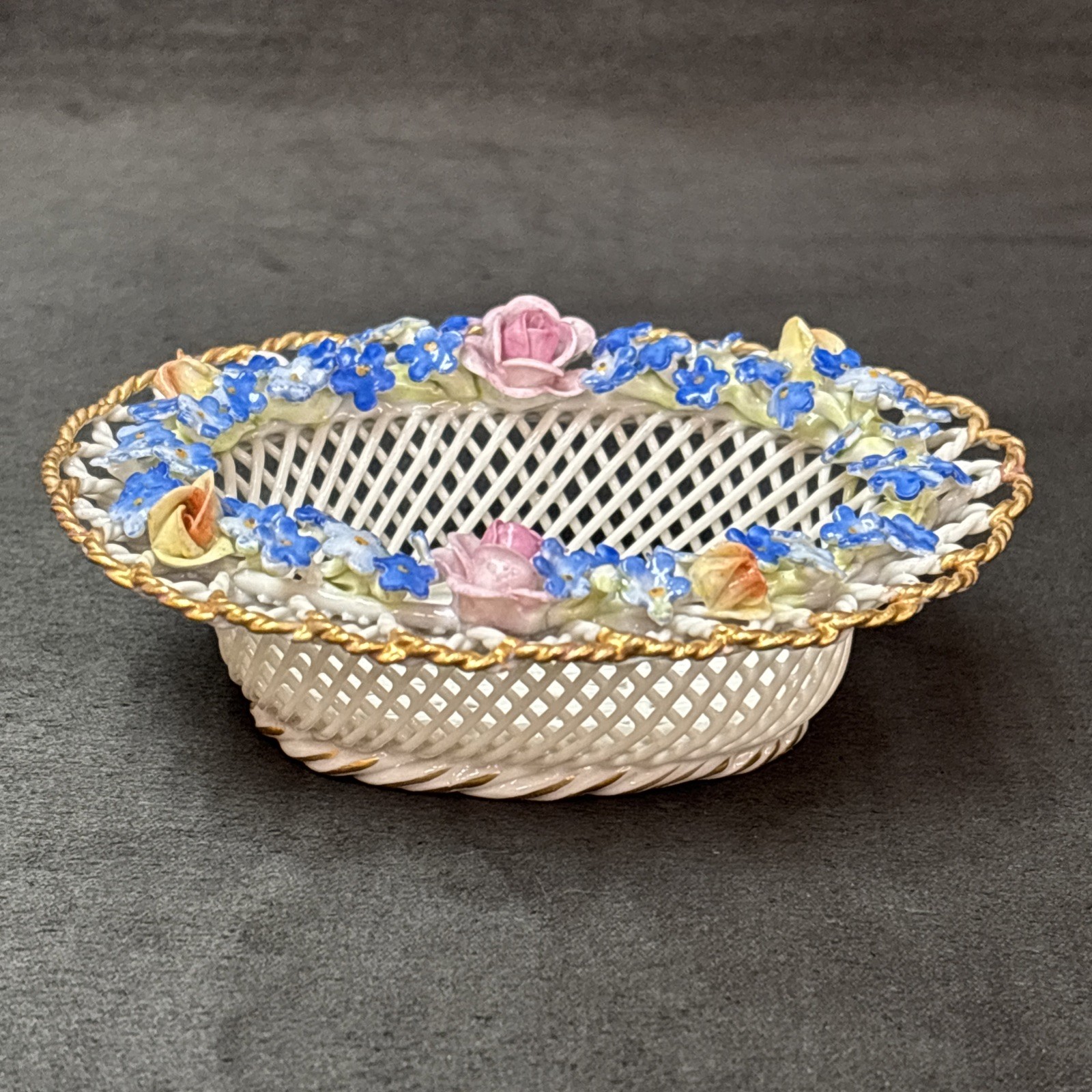 Antique Von Schierholz Woven Porcelain Basket FORGET ME NOT ~ F