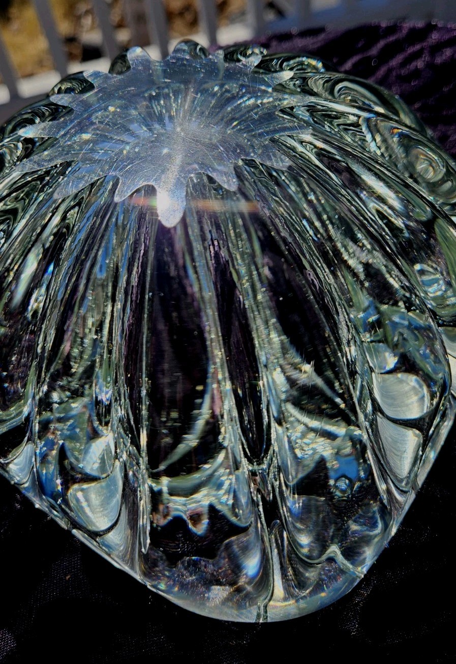 Massive 5.5lb Murano Crystal Ribbed Sides Blown Art Glass Clear 7″