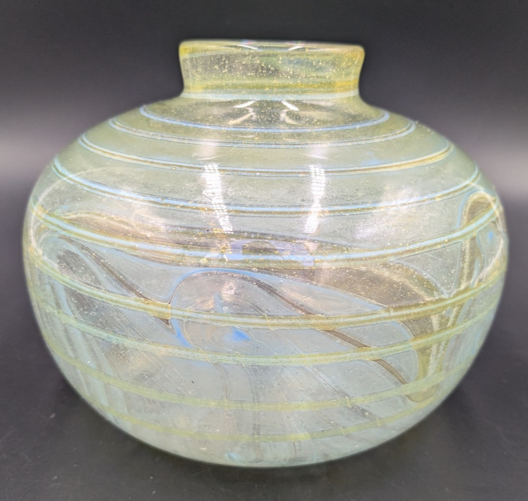 Vintage (1974) John Barber Art Glass Iridescent Swirl Signed Vase