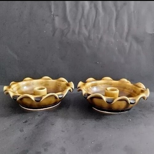 Fluted Candlesticks Drip Glaze Vintage Colonial Holder Handmade Pair Art Pottery