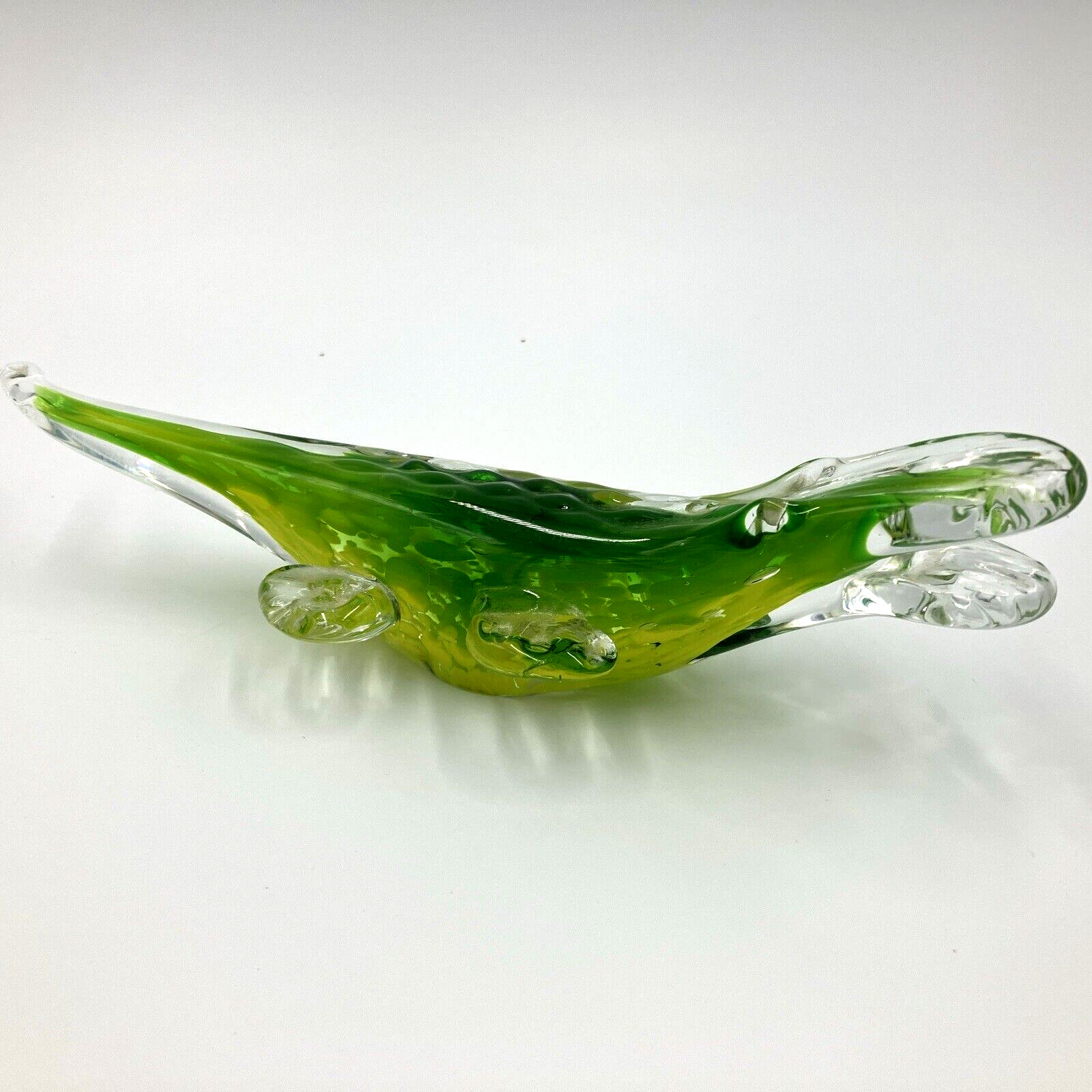 Crocodile Alligator Art Glass Figurine 8″ Long Hand Blown Green w Yellow w Clear