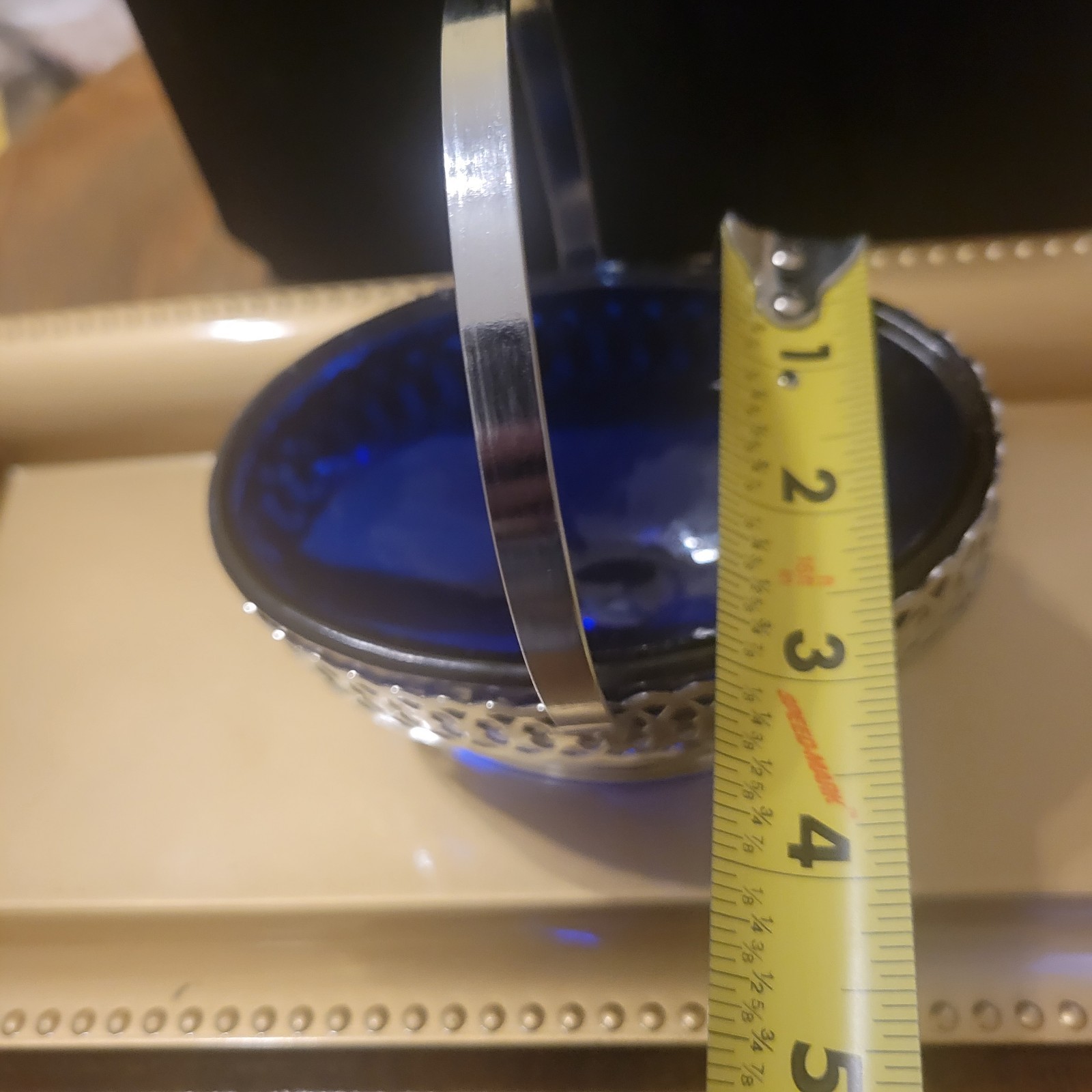 Vtg Aluminum Basket W/Cobalt Blue Glass Liner Swing Handle, Pierced Rim