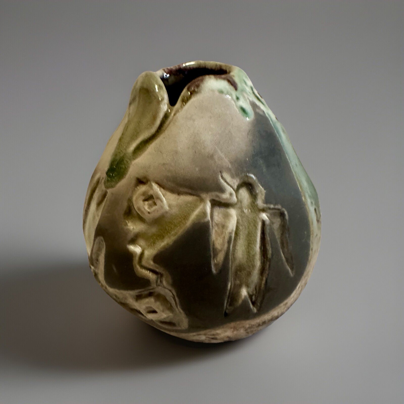 Studio Art Drip Glaze Green Brown Cream On Black Clay Ceramic Primative Etched