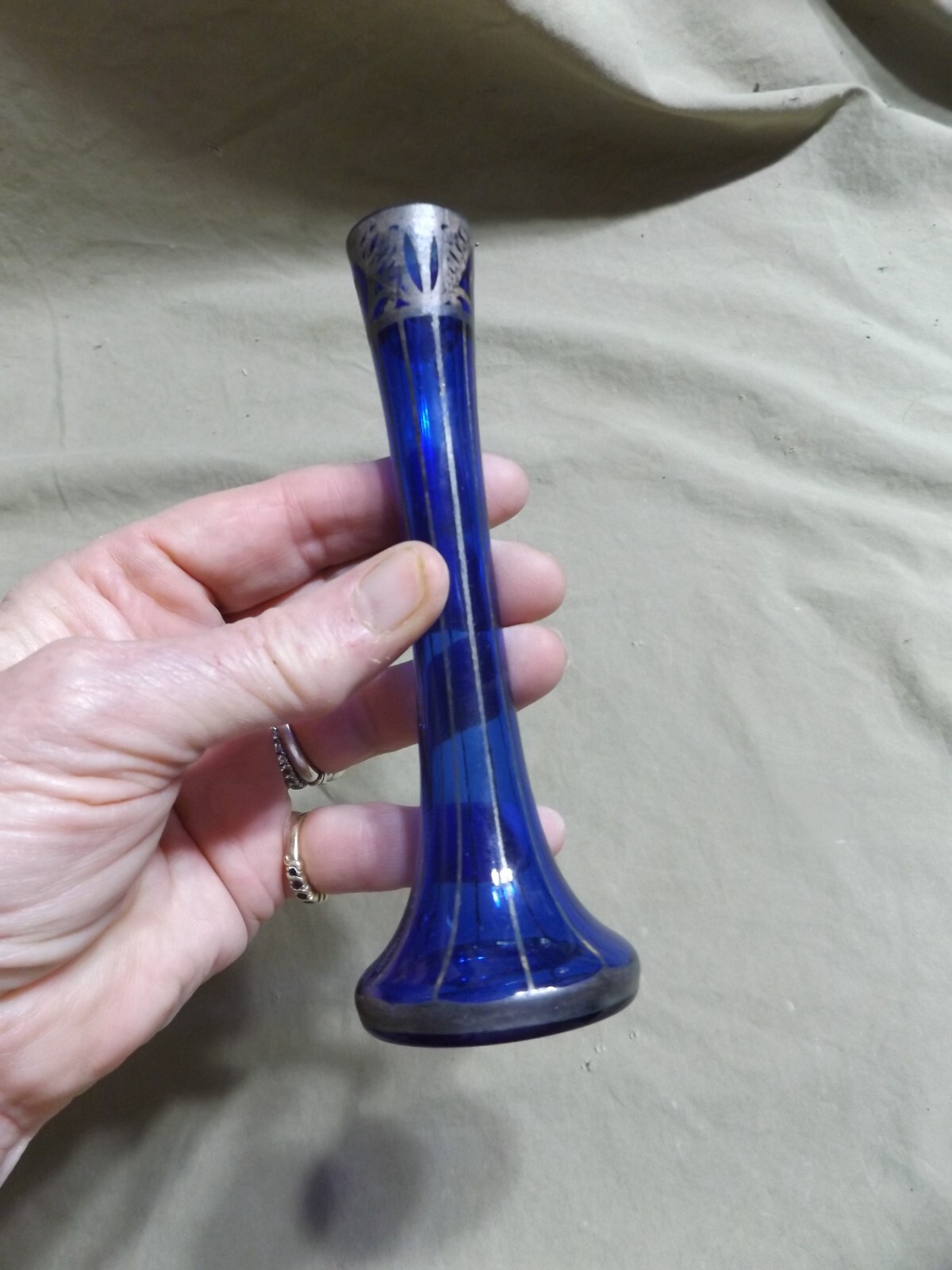 Antique Continental Gothic Cobalt Revival Blue Bud Overlay Hand Blown