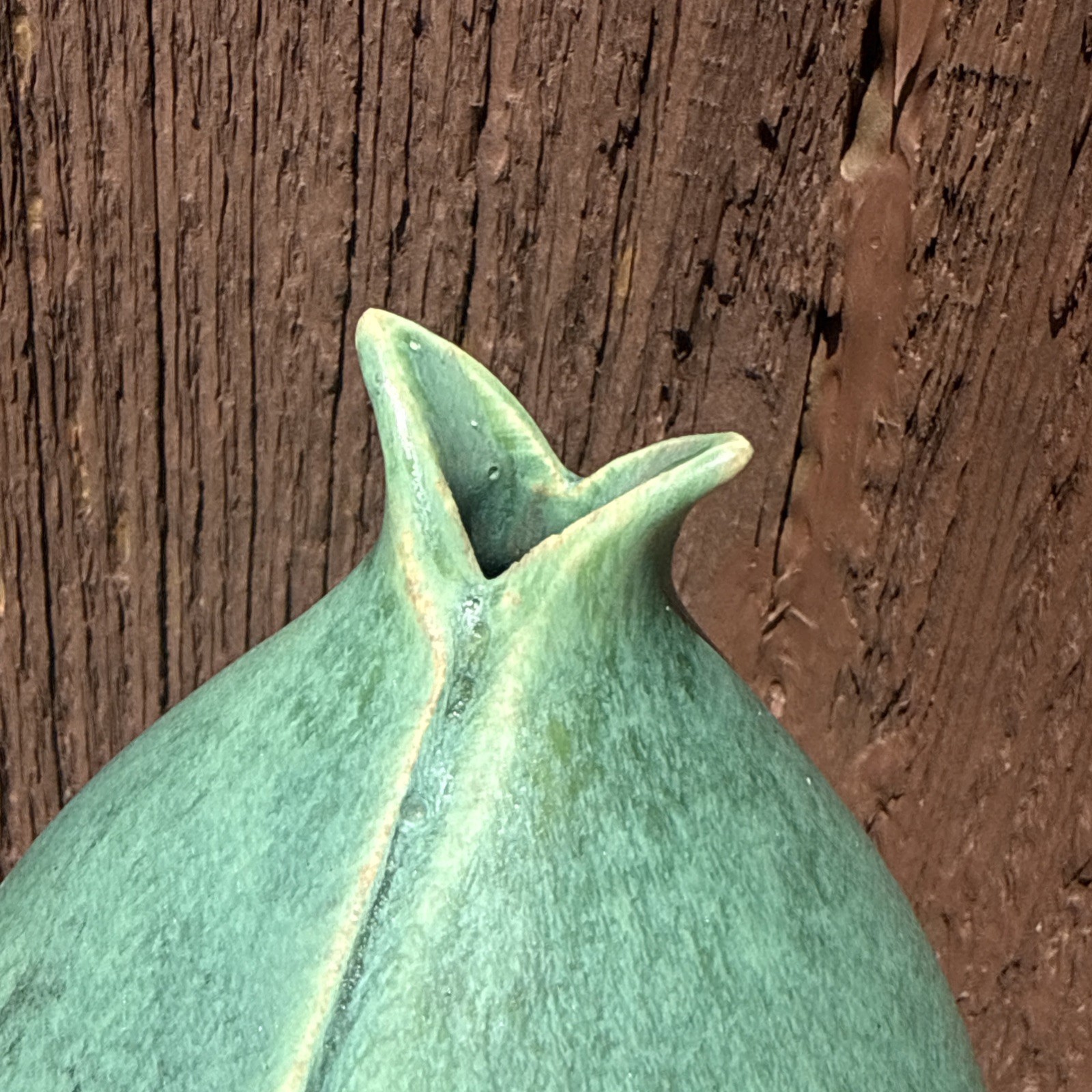 Green Split Pod ceramic vessel By Whitney Smith Pottery, 5”, Signed.