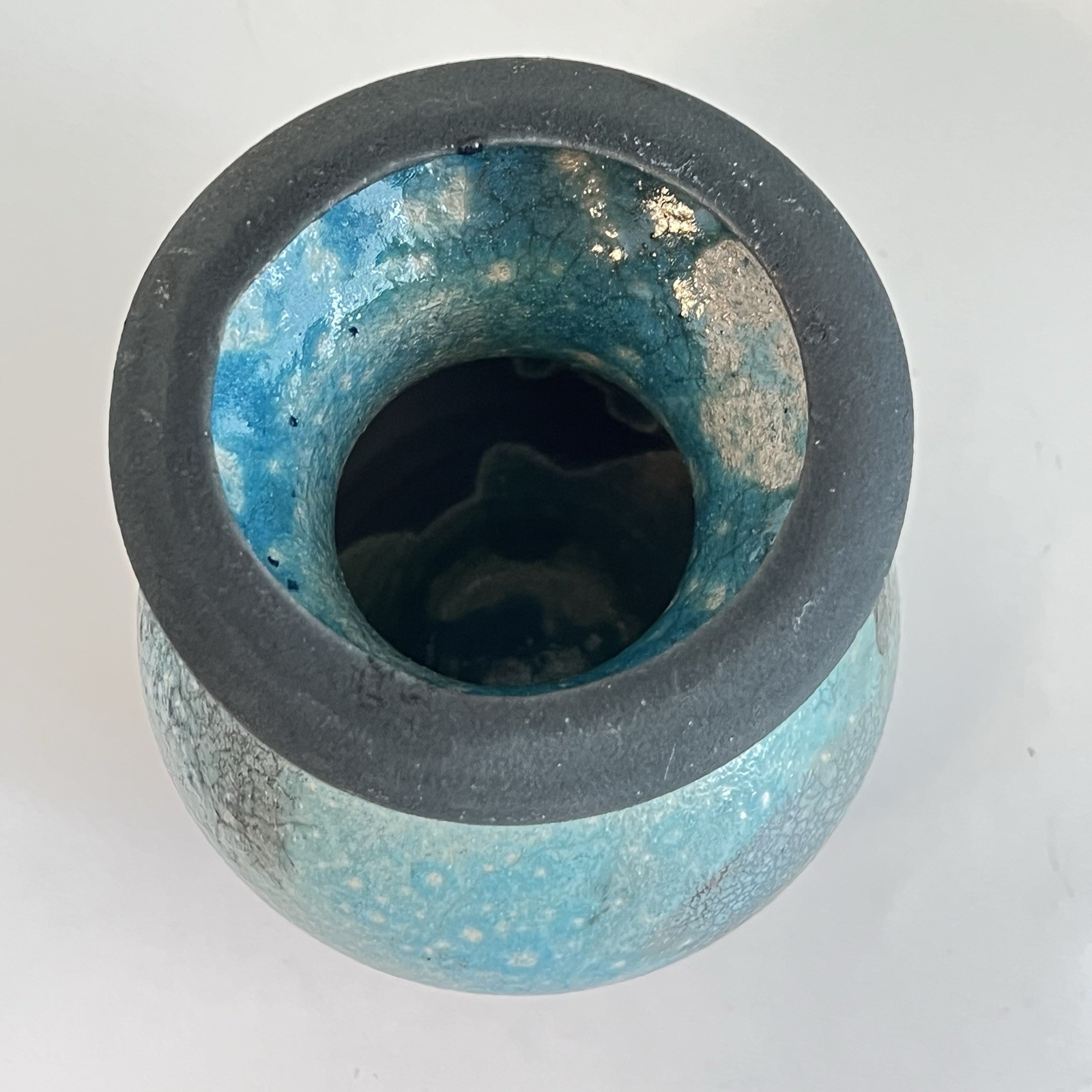 Raku Studio Art Vase Pottery Turquoise And Black Signed 6 Inches Iridescent