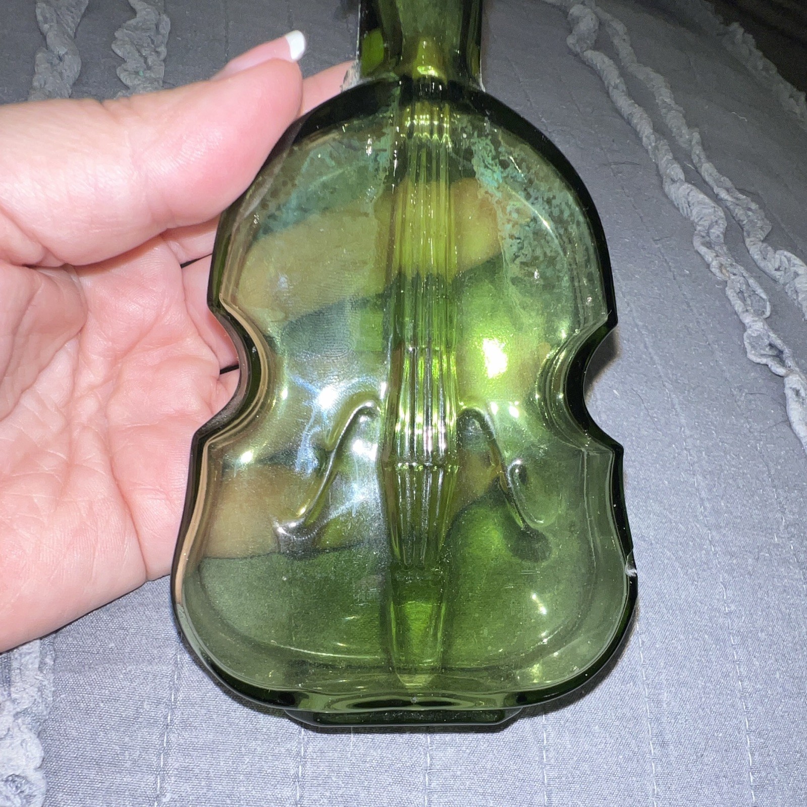 Green Glass Violin-Shaped Decorative Bottle, Music Theme Decor
