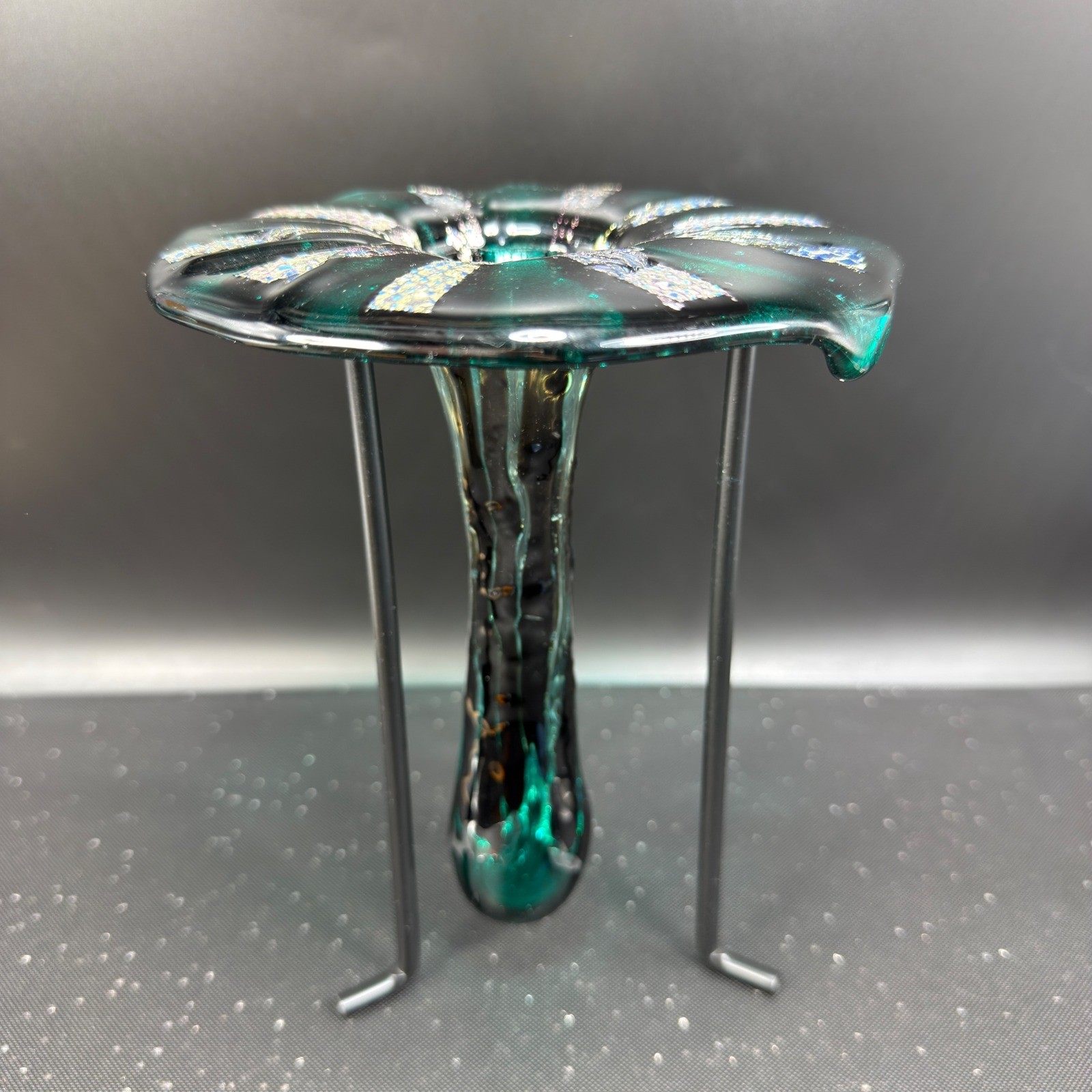Art Glass Vase Green Dichroic Iridescent Hand Blown with Metal Stand Fused Glass