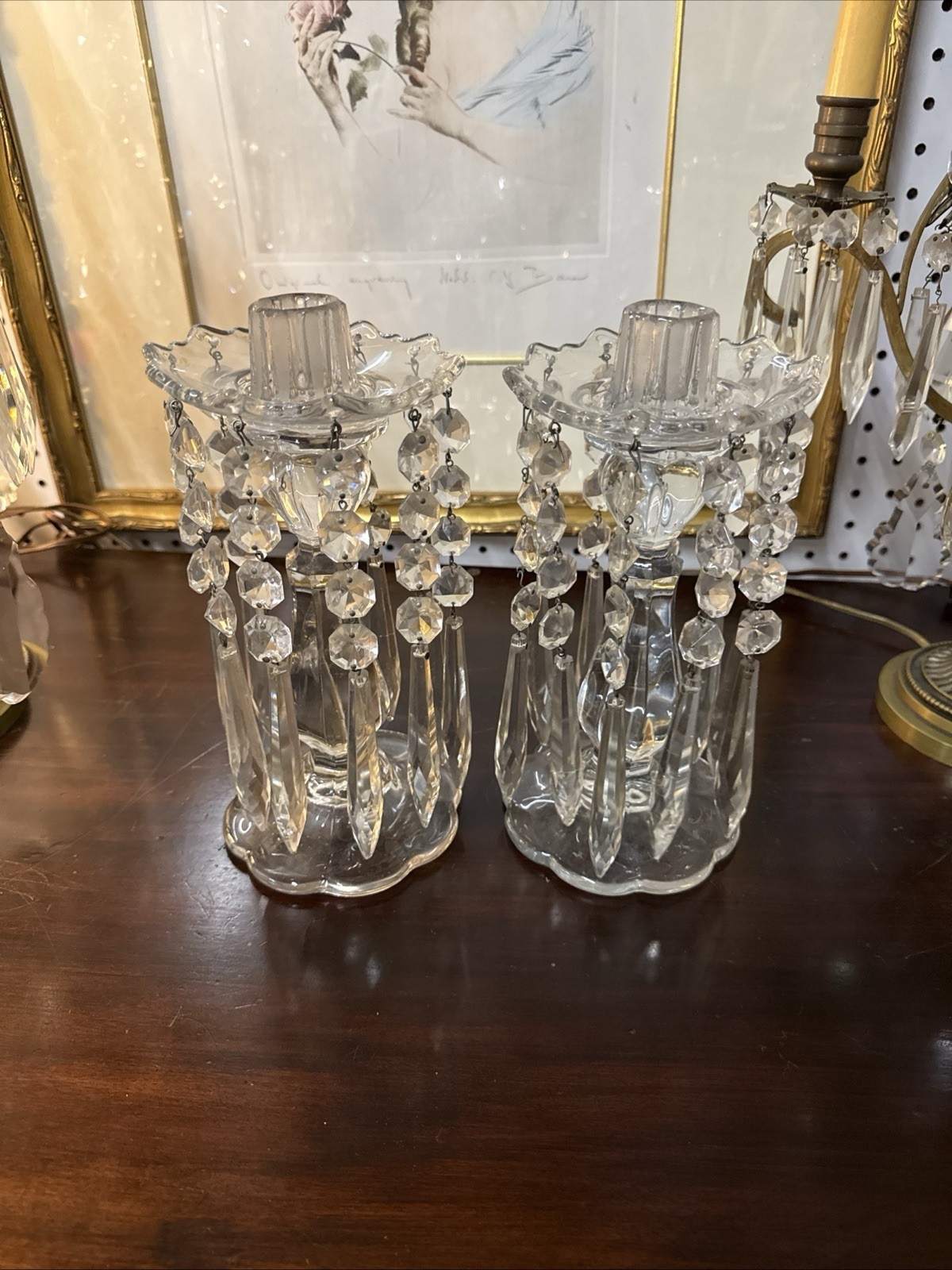 VTG. Ornate 1930’s Crystal Candle Sticks W/ Prisms Possible Heisey No Mark