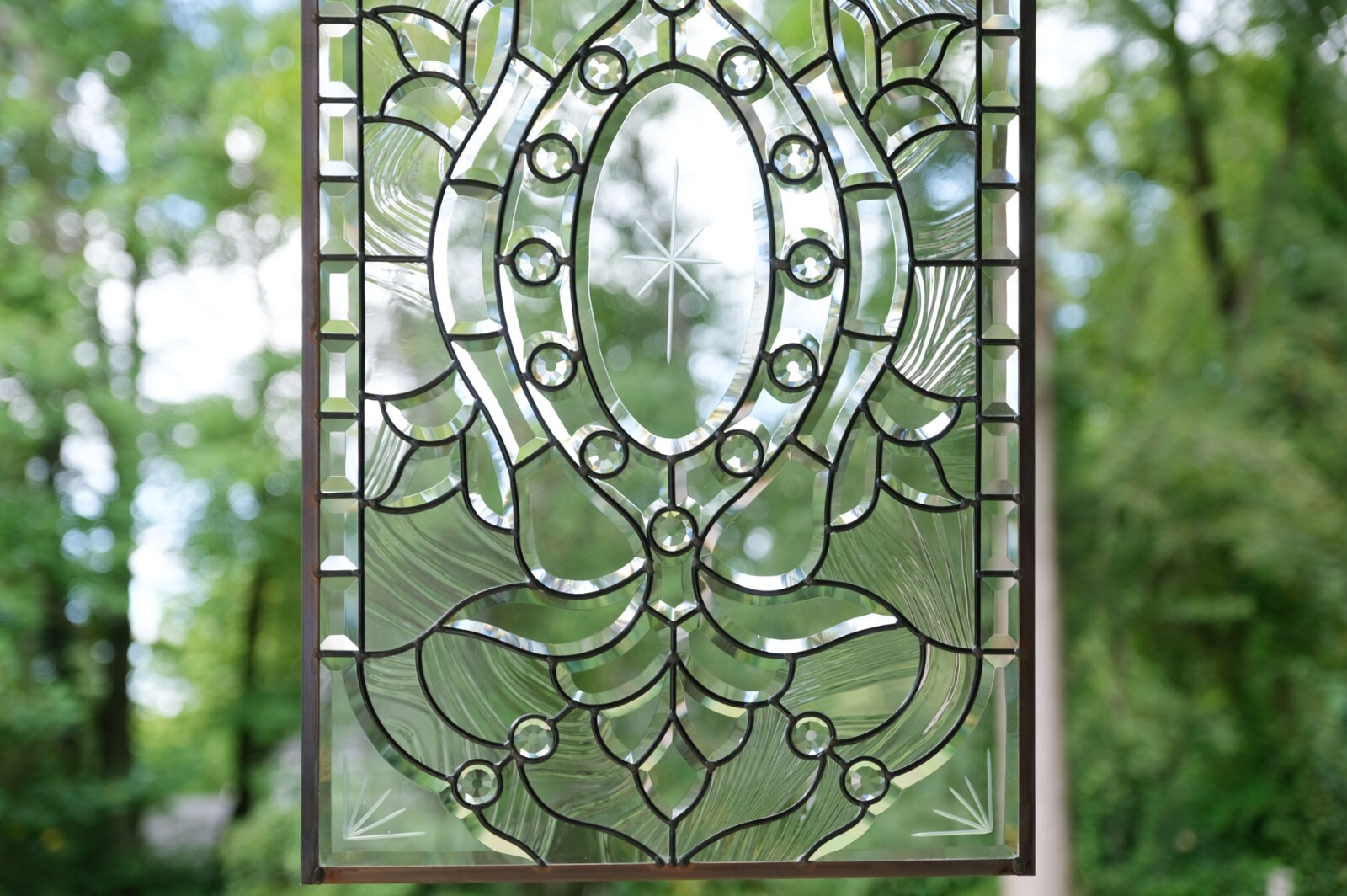 Stunning Handcrafted stained glass Clear Beveled window panel, 20″ x 34″